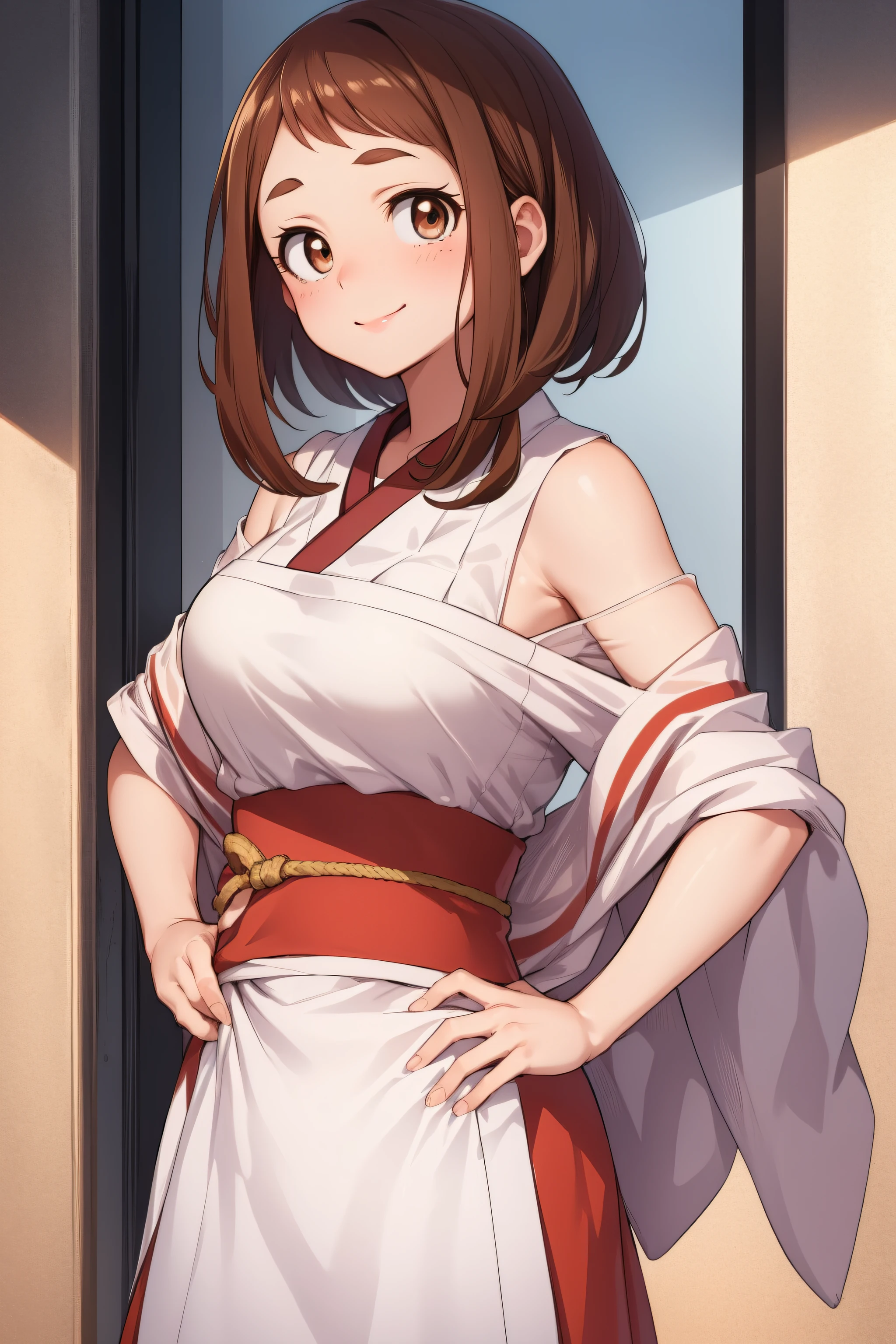 ochakouraraka, ochako uraraka, (uraraka ochako:1.5), (brown eyes:1.5), brown hair, short hair, blush,
BREAK japanese clothes, kimono, apron, red ribbon, waitress, red kimono,
BREAK outdoors, city,
BREAK looking at viewer, cowboy shot,pose, hand on hip,seductive smile,
BREAK NSFW,(masterpiece:1.2), best quality, high resolution, unity 8k wallpaper, (illustration:0.8), (beautiful detailed eyes:1.6), extremely detailed face, perfect lighting, extremely detailed CG, (perfect hands, perfect anatomy),