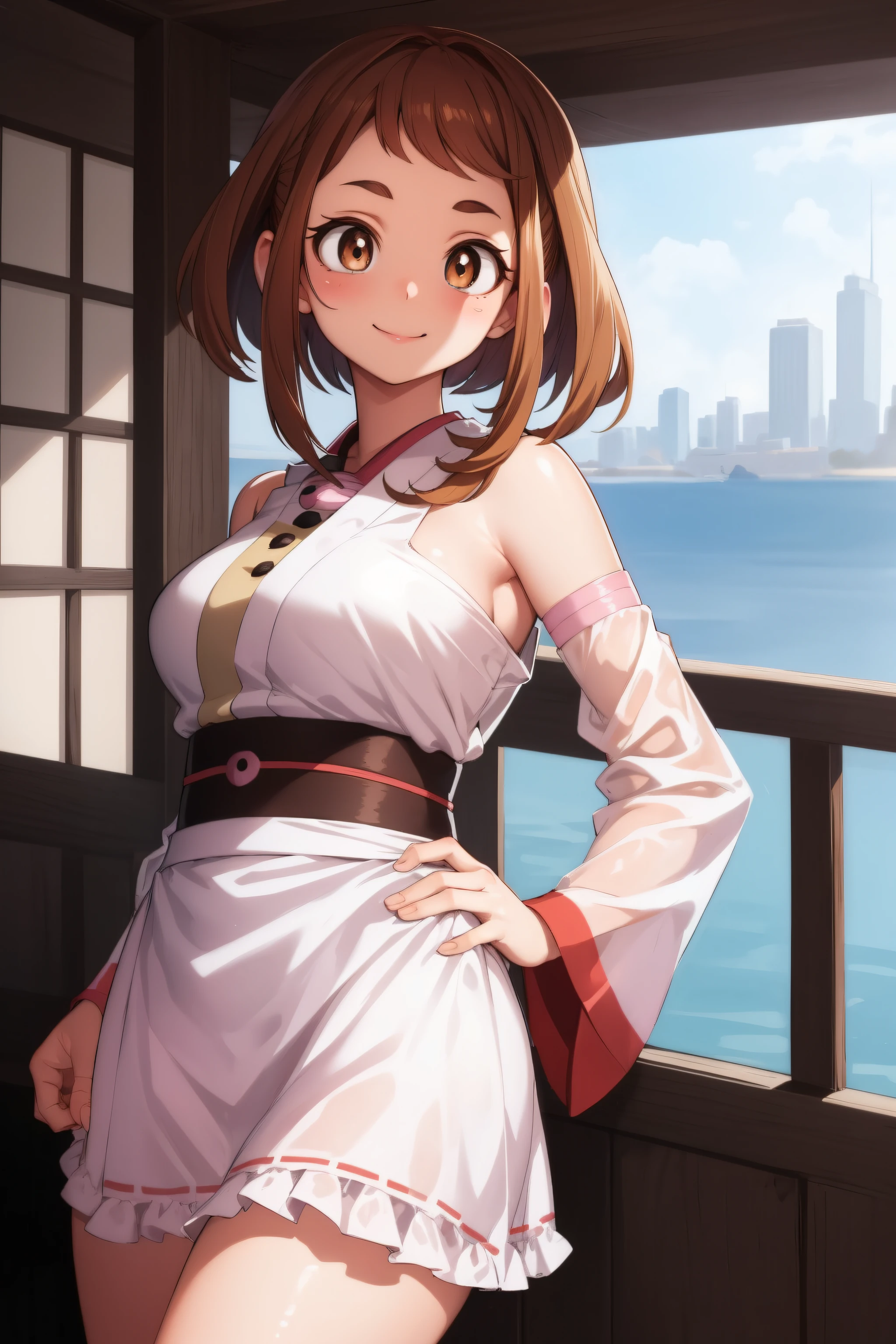 ochakouraraka, ochako uraraka, (uraraka ochako:1.5), (brown eyes:1.5), brown hair, short hair, blush,
BREAK japanese clothes, kimono, apron, red ribbon, waitress, red kimono,
BREAK outdoors, city,
BREAK looking at viewer, cowboy shot,pose, hand on hip,seductive smile,
BREAK NSFW,(masterpiece:1.2), best quality, high resolution, unity 8k wallpaper, (illustration:0.8), (beautiful detailed eyes:1.6), extremely detailed face, perfect lighting, extremely detailed CG, (perfect hands, perfect anatomy),