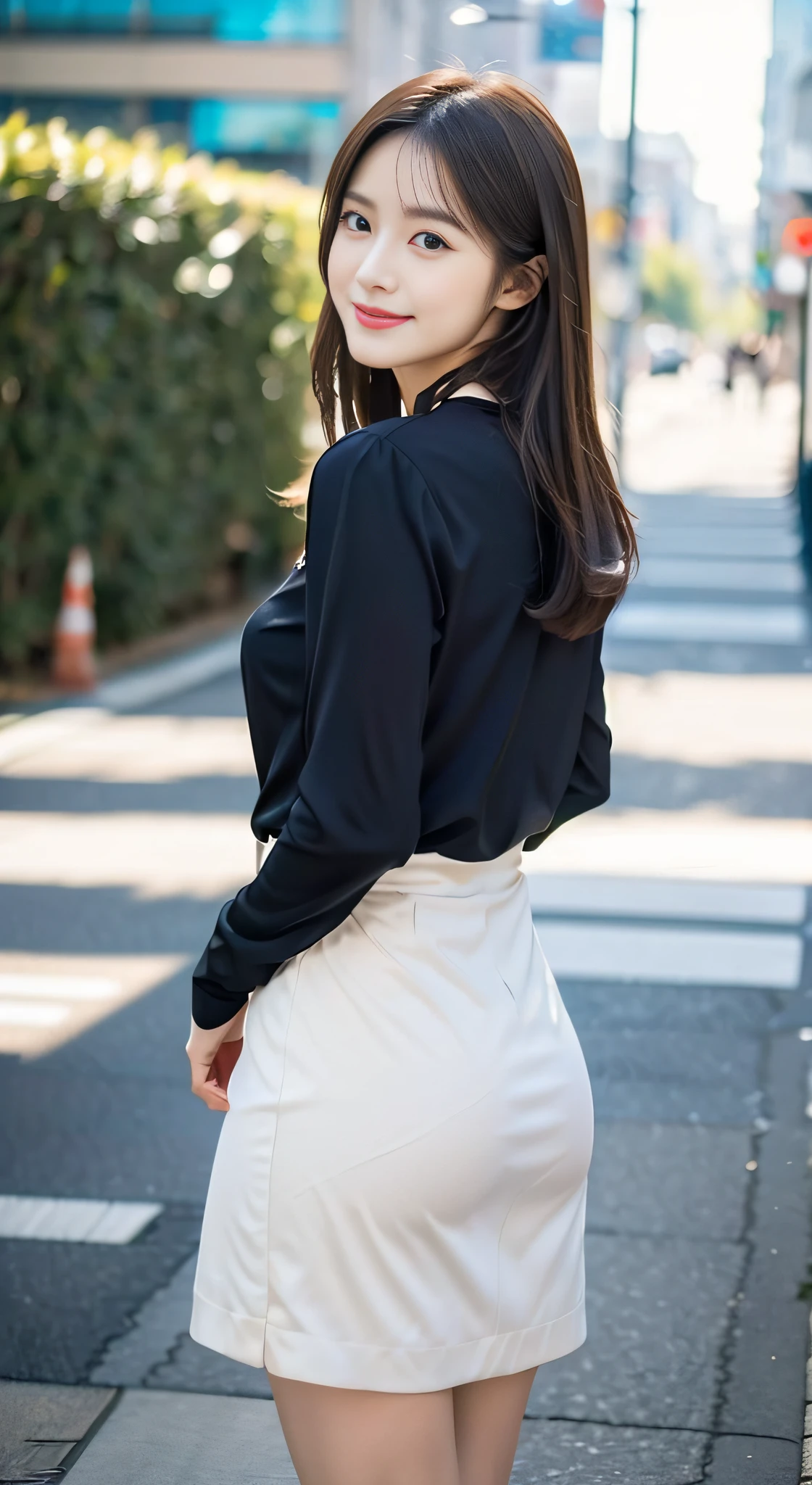 (32K,high-detail,high detal,hight resolution,highdensity,独奏,Lori:1.6),(Realistic people,Live action,A detailed eye,High resolution eyes,Fine eyes,Eyes that look like they are alive,beautiful dark blue eyes,Fishing eyes,Detailed lips,Crystal clear white skin,detailed realistic faces:1.3),(Japanese ido,Korean Idols,model in Japan,Korean models:1.2),(with a flushed face,natural make up,a necklace,piercings:1.4)(Knee-length skirt with deep cut,Blouse embellished with white lace,Red pumps with high heels,Business Casual Fashion:1.6),(well-shaped breasts:1.5),(Young but very beautiful and elegant Japan people16 years old little girl,kawaii eyes,little smiling,facing back,turned around,Looking at the camera,Fashion Leader,Business Girl,,Soft skin,Unforgettable eyes,Her eyes are too beautiful,Business Fashion Skirt Skirt:1.6),(showing your whole body,Show full-body fashion:1.6)