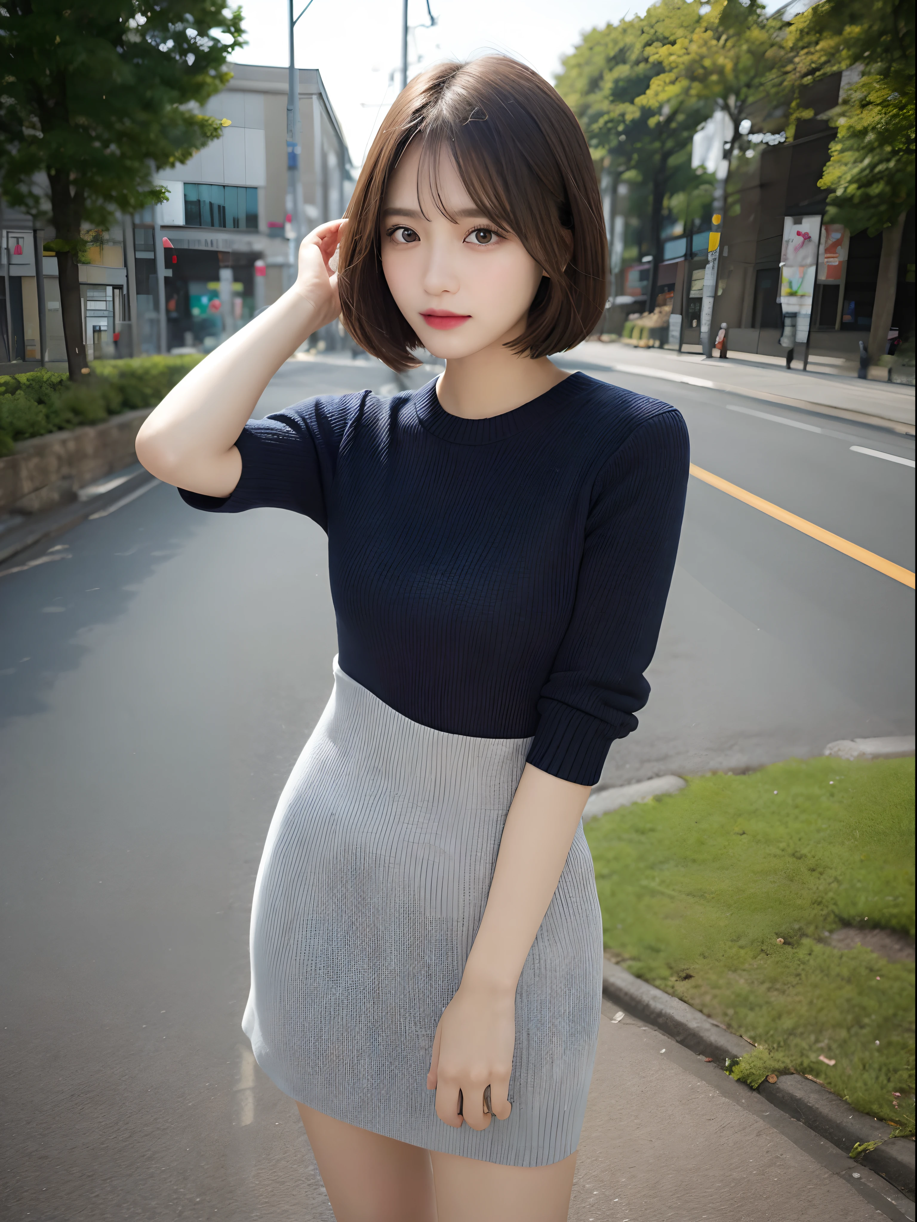 Detailed details,、hight resolution、hightquality、Perfect dynamic composition、Beautiful detailed eyes、short-hair、Small breasts、Natural Color Lip、Kamimei、Shibuya、20 years girl、1 persons、Transparent skin、Glowing hair、masutepiece、Best Quality、finely detail、hight resolution、8K、The correct state of the human body、randome pose、Gravure Model Pose、Jumper Dresses、Hair soaring in the wind