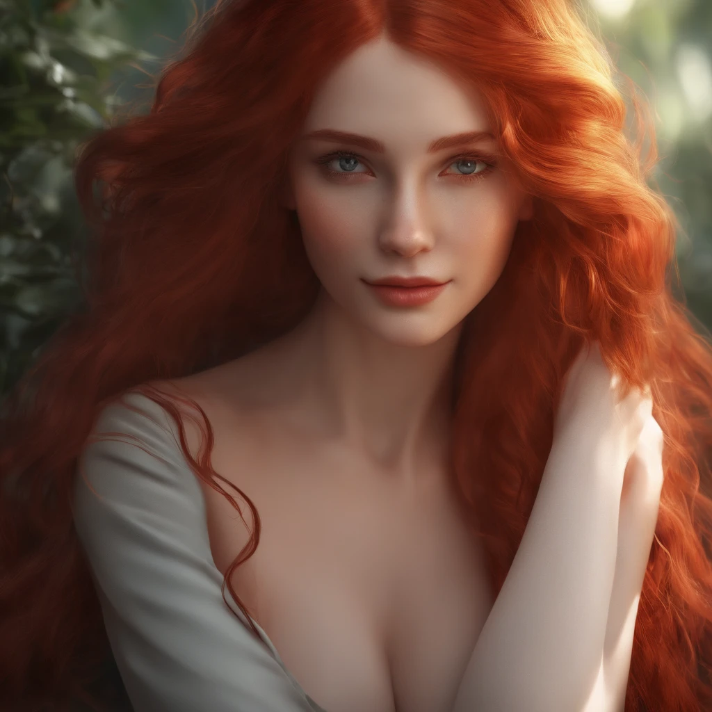 there is a girl with red eyes and red hair. She has long hair. her eyes are big. she is smiling., 8k, highres, best quality, award winning, super detail, anatomically correct