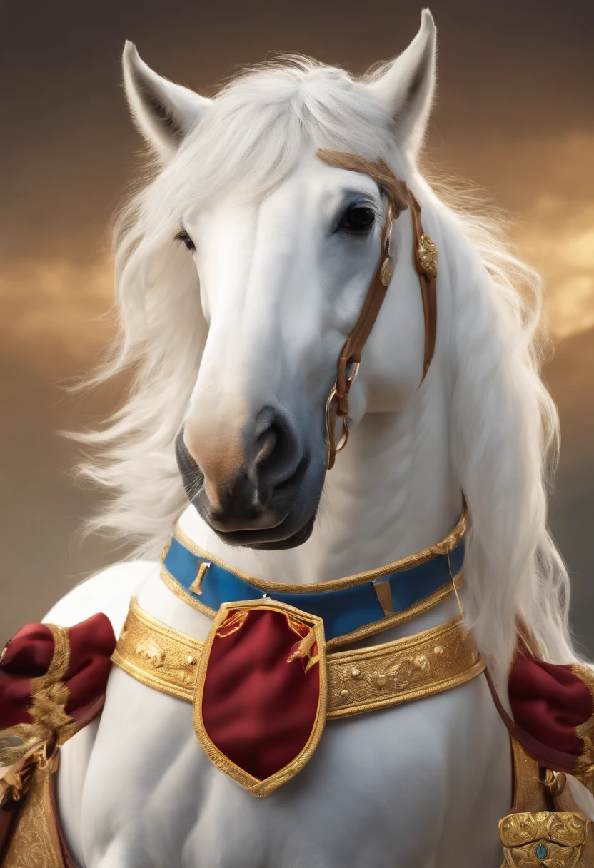 cartoon image,(((A white cartoon horse))),He wears a big gold medal around his neck,Wears a spotted vest on the top,Denim shorts on the bottom,Long white hair that floated up,Naughty expression,HD Real,Black eyes,Flying figure,HD picture,Sony SLR lens,Shoot at medium distance,Soft lighting,tmasterpiece