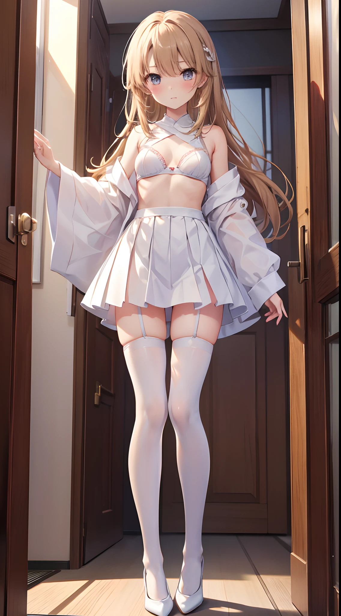 Mature and slender body shape1Japan of people16Year old girl、独奏、Long brown hair that is slightly disheveled、Full body from head to leg、Composition from slightly below、Standing facing the front、small tits、High school girl in underwear、White tights、White bra、white panties、White pantyhose、(Bai_pantyhose):1.2)、Show white panties through stockings、Wearing white pumps、Bedrooms、inside in room、during daytime、blushing、looking at the viewers、Panchira、Composition from the front、watching at viewers、Slender feet、Slender thighs、White panties are visible