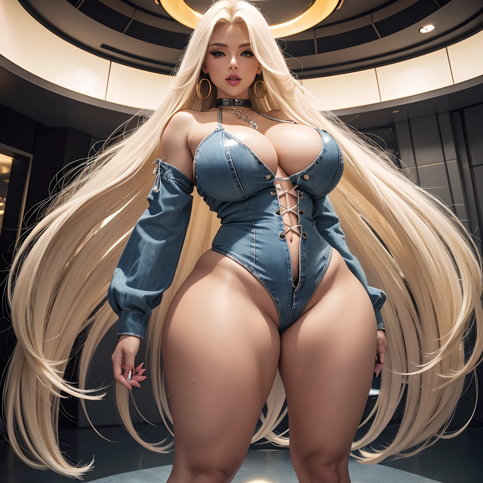 Platinum long hair blonde, huge round fake tits, tubetop, long sleeves, denim booty shorts, Thick latex platform 50inch heels, tongue sticking out, standing, legs spread out, thick thighs, big butt, Big white metal chocker, Bimbo, big golden loop earrings, full body. Long legs, Big lips, diamond navel piercing, Muscular triceps, Big eyelashes, White long fingernails.