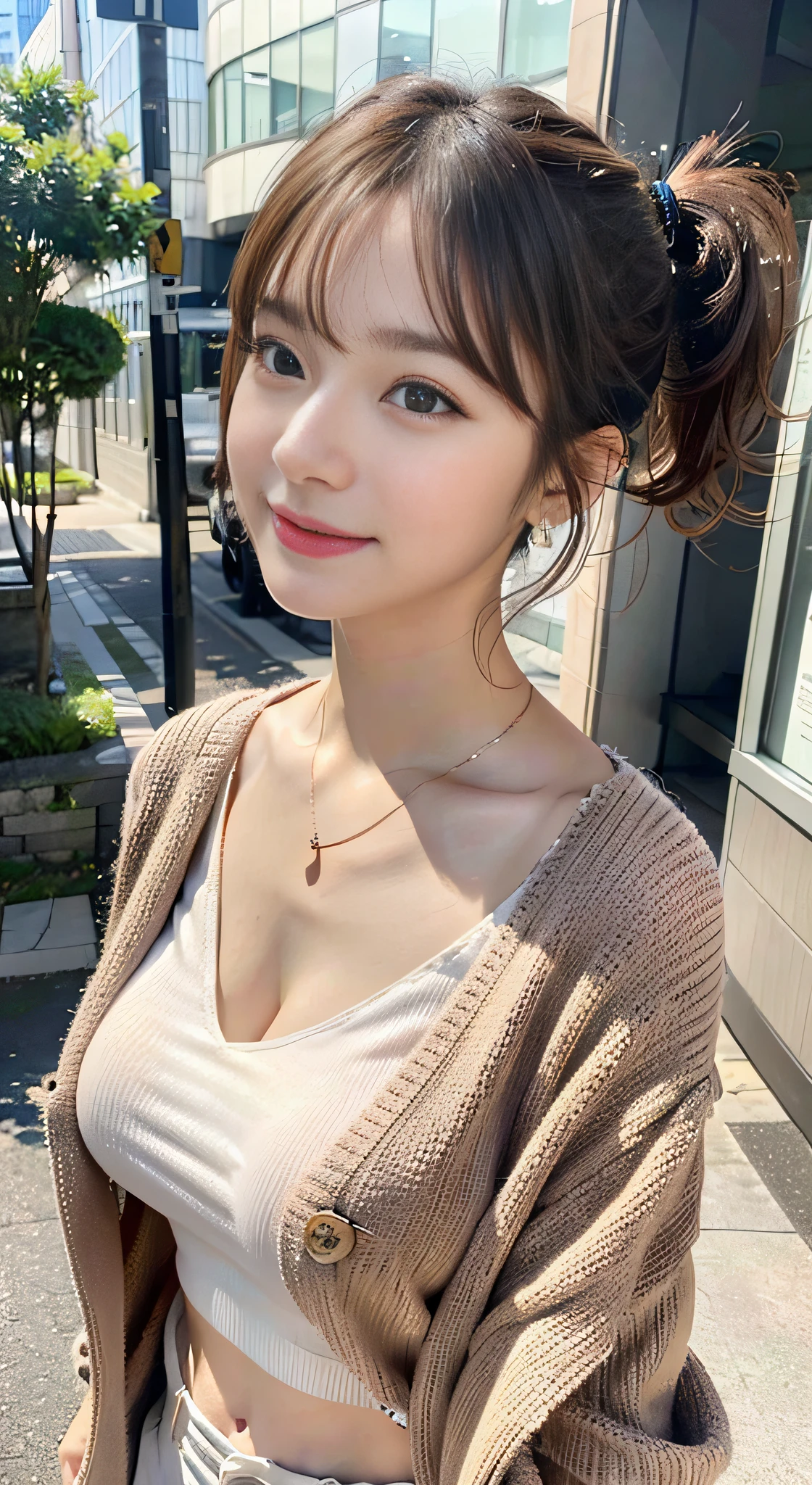 （３２K,high-detail,high detal,hight resolution,highdensity,独奏,Lori：1.3）,（Realistic people,Live action,A detailed eye,High resolution eyes,Fine eyes,Eyes that look like they are alive,beautiful dark blue eyes,Fishing eyes,Detailed lips,Crystal clear white skin,detailed realistic faces：1.3）,（Japanese ido,Korean Idols,model in Japan,Korean models：1.2）,（with a flushed face,natural make up,a necklace,piercings：1.4）（Blouse,Red pumps with high heels,Wide pants,Red cardigan,Business Casual Fashion：1.6）,（well-shaped breasts：1.5）,（Young but very beautiful and elegant Japan people１6  old beautiful girl,Cute black eyes,Smile a little coldly,facing back,turned around,Looking at the camera,Fashion Leader,Business Girl,Soft skin,Unforgettable eyes,Her eyes are too beautiful,Business Pants Fashion,Pink Short Cut Low Ponytail：1.6）,（showing your whole body,Show full-body fashion,：1.7）
