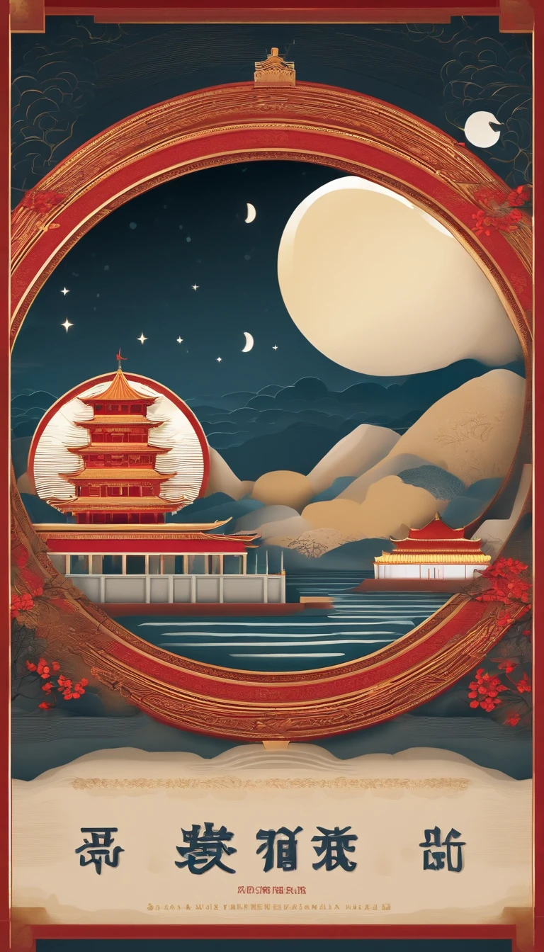 4K，Tiananmen，Graphic design，Geometric composition，during night，Huge Full Moon，A small amount of smoke，Cans，A small amount of Cantonese egg yolk mooncakes, Mooncake size, poster for, Fresh style background, Attractive,Ultra HD，tmasterpiece，romanticism lain, Minimalism,  Close-up, 8K,ccurate, Best quality, hyper HD