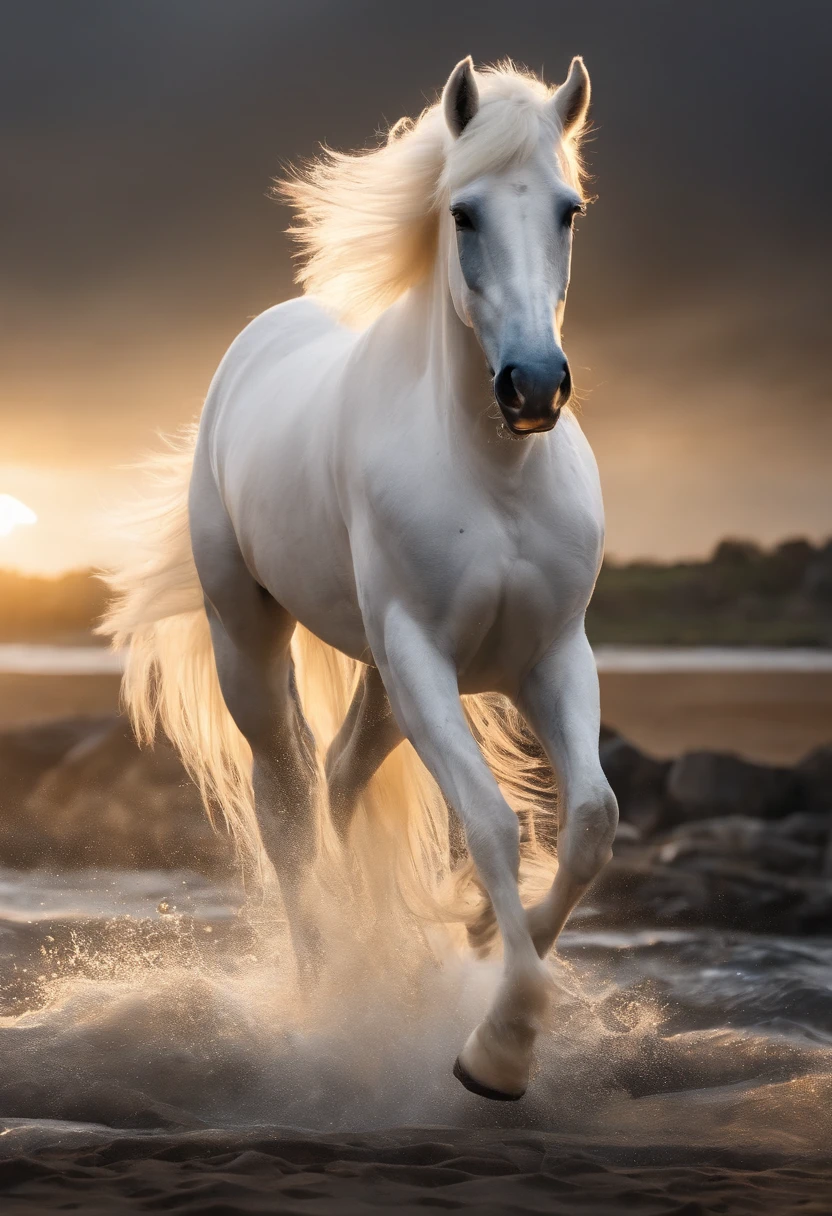 Tide play image，(((A white cartoon horse)))，He wears a big gold medal around his neck，Wears a spotted vest on the top，Denim shorts on the bottom，Long white hair that floated up，Naughty expression，HD Real，Black eyes，Flying figure，HD picture，Sony SLR lens，Shoot at medium distance，Soft lighting，tmasterpiece