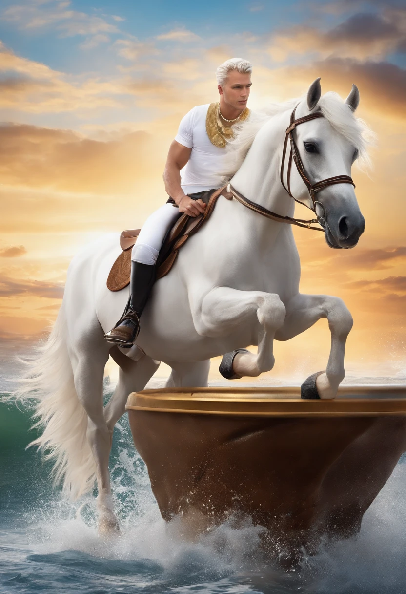 Tide play image,(((A white cartoon horse))),He wears a big gold medal around his neck,Wears a spotted vest on the top,Denim shorts on the bottom,Long white hair that floated up,Naughty expression,HD Real,Black eyes,Flying figure,HD picture,Sony SLR lens,Shoot at medium distance,Soft lighting,tmasterpiece
