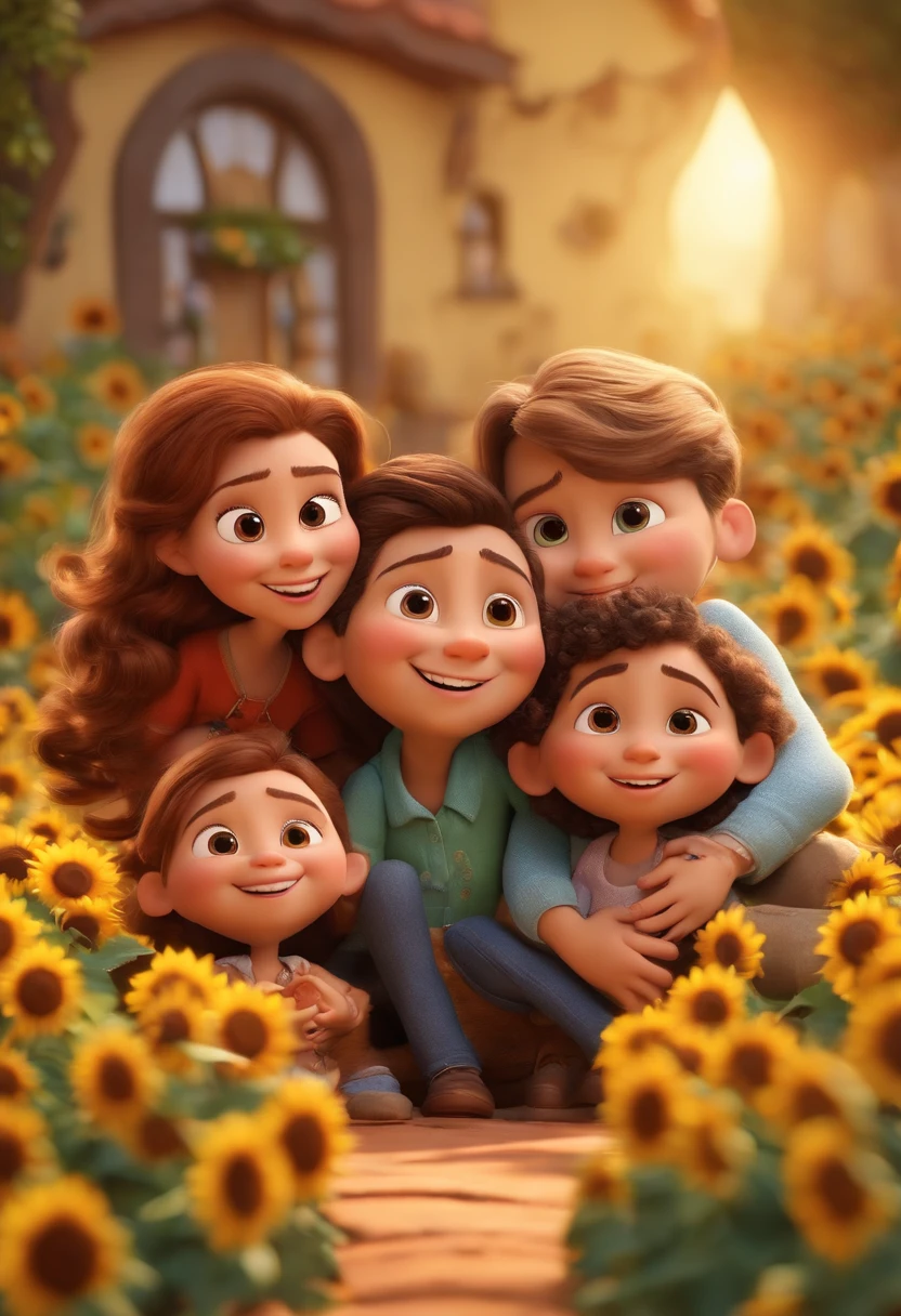 Create a Disney PIXAR-style 3D poster. ((centro da imagem, Triplets)), ((3 children)) ((1 menino no meio e 2 meninas ao lado, They're hugging each other, O menino tem pele castanha e cabelos castanhos escuros e olhos castanhos escuros, 1 menina tem pele clara, olhos e cabelos escuros e cacheados, e a outra menina tem pele morena, olhos escuros e cabelos escuros e lisos)) ((tudo isso no estilo Disney PIXAR 3D, In the background, A house of sunflowers, Gloria Studio, The garden is full of nature 3D render RTX clay material, estilo de design cartunesco, POP Mart, soft lighting, linhas suaves, Spring tilt, Detailed illustrations of PIXAR 3D, Detalhes hiper-realistas, cor quente no estilo Disney PIXAR 3D))