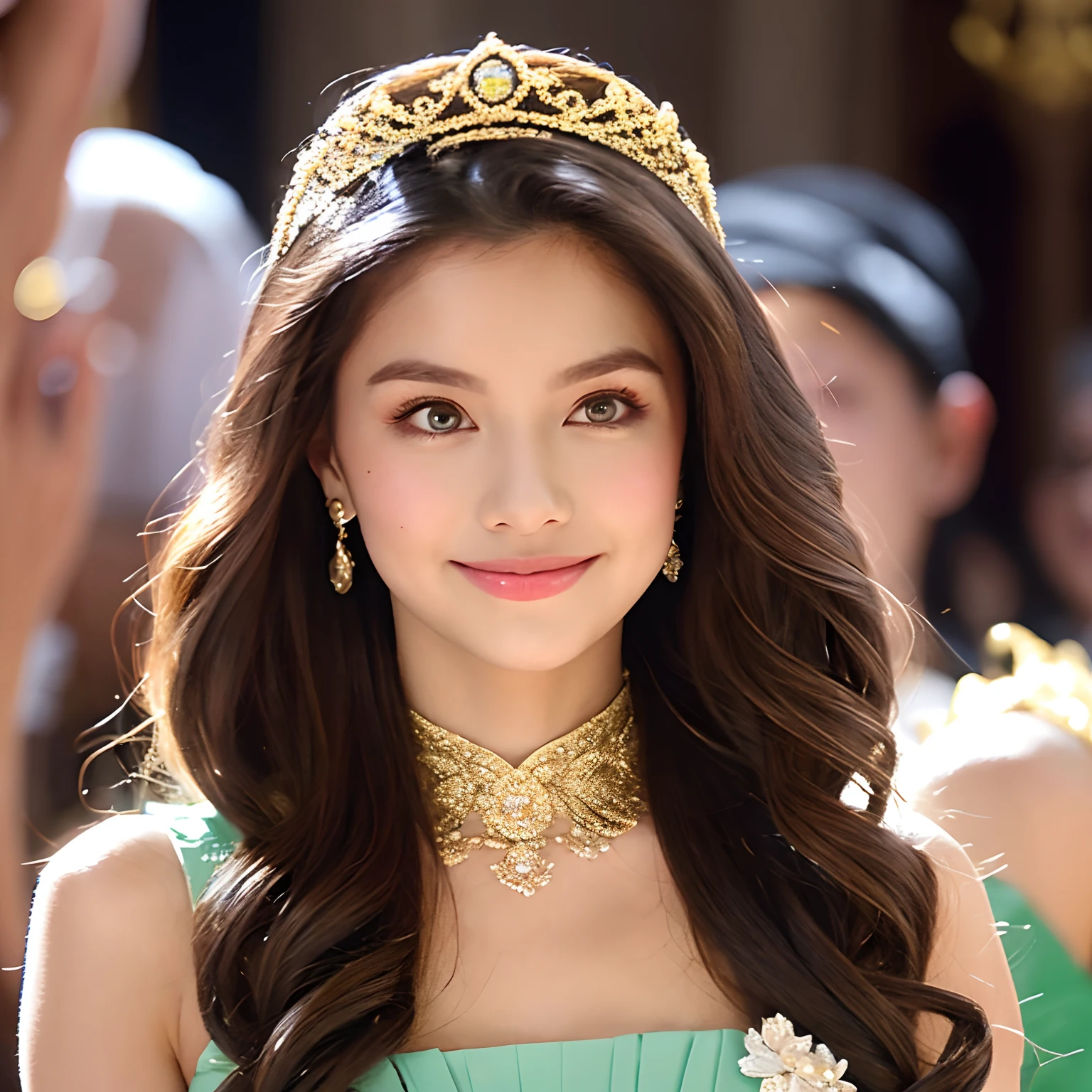masterpiece, best quality, girl, solo, ((mature female)),, long hair, hair, princess,(upper yellow lower purple) silk dress black dress(dress) (golden dress) fantasy, happy, looking at viewer, cartoon, anime, (oil painting)Burmese girl, 18 years old, Bagan pagoda view background, clear Hd 8k