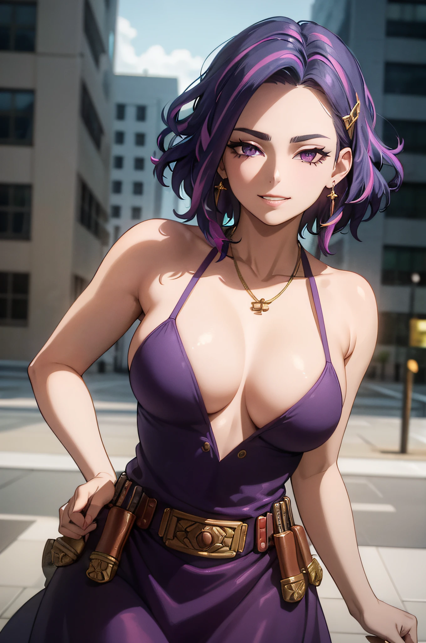 1girl, short hair, purple hair, multicolored hair, purple eyes,best quality, masterpiece, highres, 1girl, transparent silk china dress, beautiful face, hair ornament, looking at viewer, smile, closed mouth,lips, dress,hair ornament, necklace, jewelry, long hair, earrings, Beautiful face,upon_body,photorealistic, dark studio, rim lighting, two tone lighting,(high detailed skin:1.2), 8k uhd, dslr, soft lighting, high quality, volumetric lighting, candid, Photograph, high resolution, 4k, 8k, Bokeh