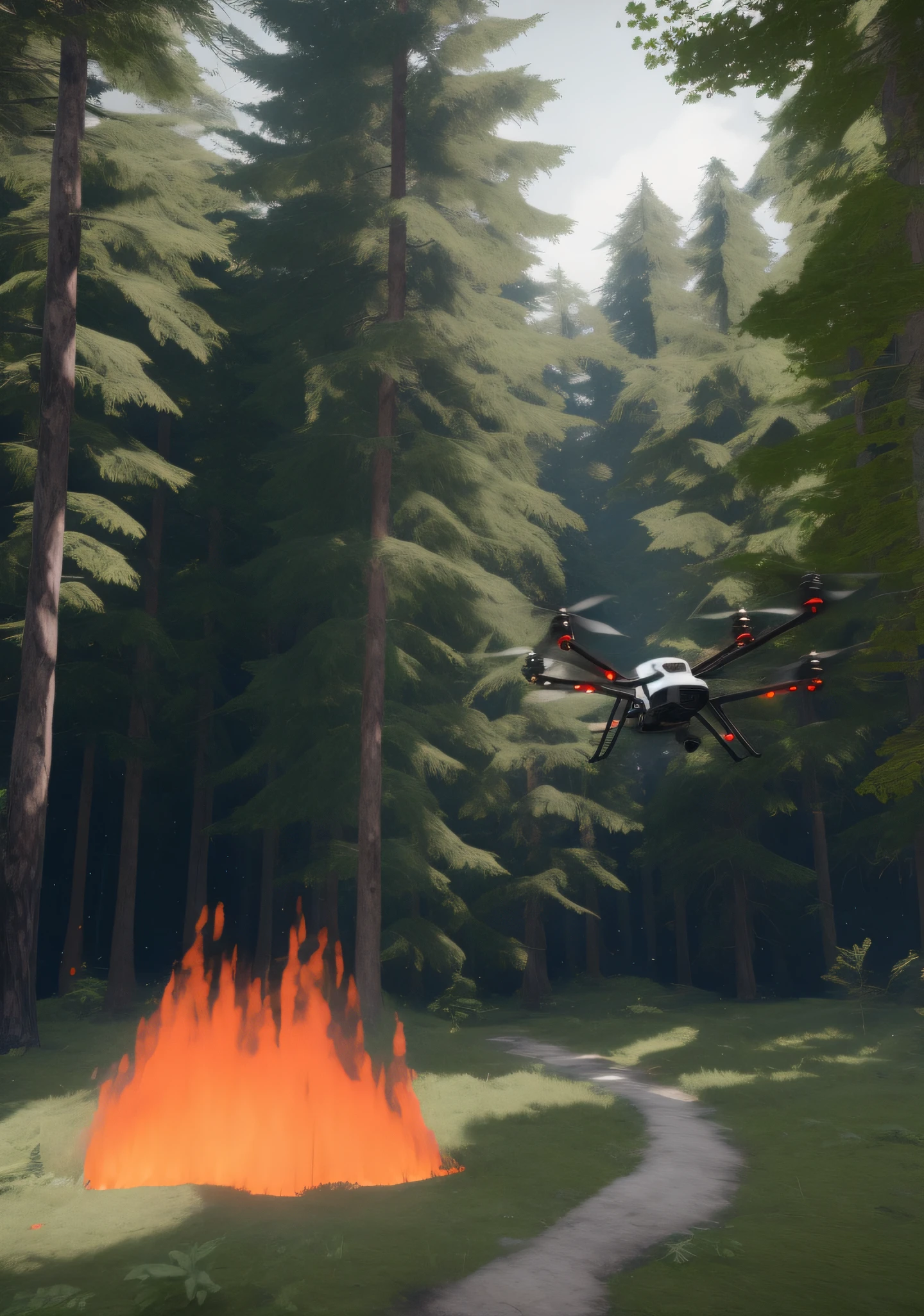There was a small plane flying over the fire in the woods, illusory engine. cinematic Film still from, Forest fire, cinematic forest lighting, the forest is on fire, made in unreal engine, Made with Unreal Engine, drone point of view, burning scene in the background, hovering drone, realistic vfx simulation, made in unreal engine 5, fires!! Hyperrealistic, Deadly drones, with unreal engine