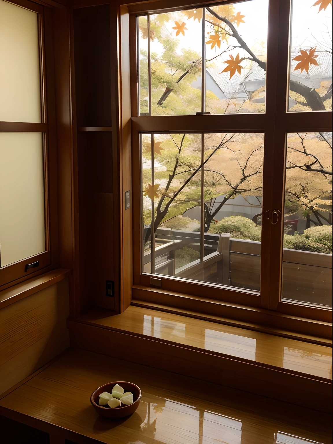 Japanese sweets are by the window with a light and maple leaves outside the window