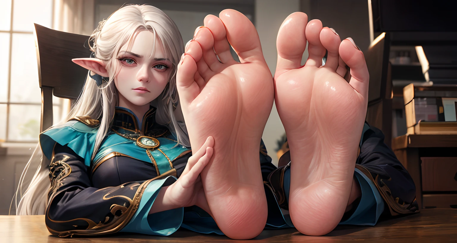 (Best quality,4K,A high resolution,Masterpiece:1.2),Ultra-detailed,professional,A high resolution,Studio lighting,Photorealistic,Portrait,illustration,aquarelle,Beautiful detailed eyes,Long eyelashes,beautiful detailed lips,Extremely detailed eyes and face,elvish ears, and ,Artistically,anime,A haughty expression,Narrowed eyes,Contemptuous,mocking smile,looking down at you,Close-up of feet facing the screen,Expose the soles of your feet,furrowed brows,Porcelain skin,disdain,Staring at the screen in disgust.Frowning, Beautiful feet,Tattooed with
