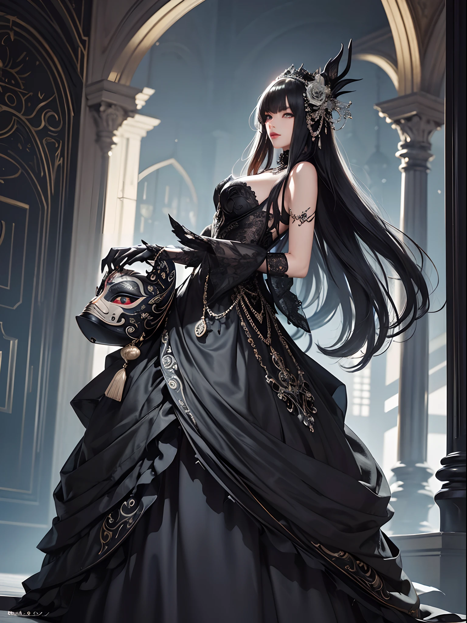 Black cat motif、Black and silver tones、Vibrant colors、((masterpiece)))、(((top-quality)))、((ultra-detailliert))、(A hyper-realistic)、(highly detailed CGillustration)、Official art、Istanbul at the beginning of the 20th century、Decadent、Madame Cha Noir、Masquerade、Elegance、Masks that cover most of the face、Colorful and detailed mask design、matchless beauty、Fans、gorgeous dress、jewely、Perfect Angle、rightward、perfect-composition、full body Esbian