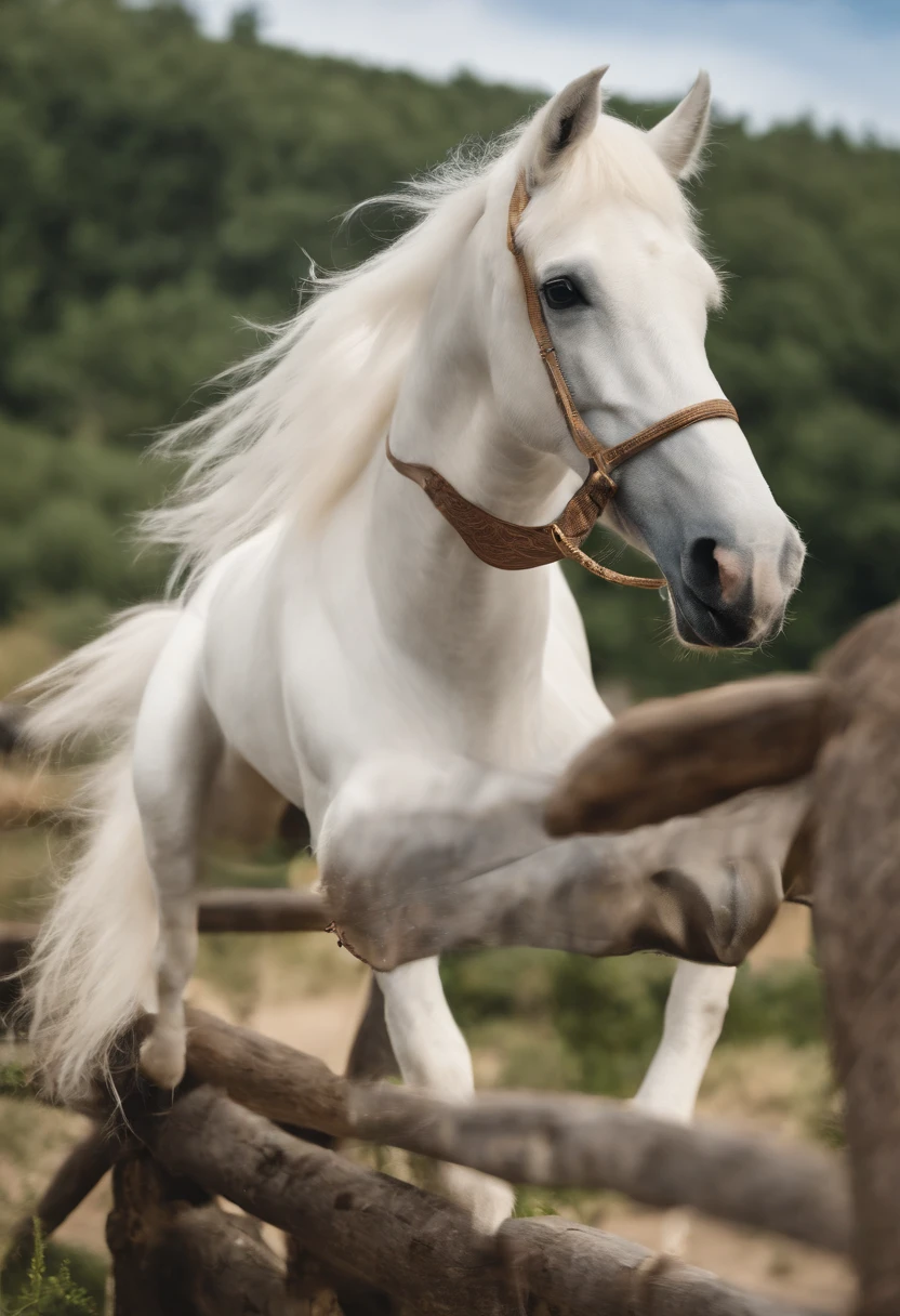 Super cartoon，(((A white cartoon horse)))，He wears a big gold medal around his neck，Wears a spotted vest on the top，Denim shorts on the bottom，Long white hair that floated up，Naughty expression，HD Real，Black eyes，Flying figure，HD picture，Sony SLR lens，Shoot at medium distance，Soft lighting，tmasterpiece