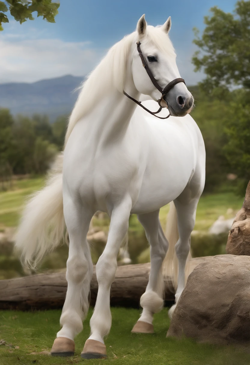 Super cartoon，(((A white cartoon horse)))，He wears a big gold medal around his neck，Wears a spotted vest on the top，Denim shorts on the bottom，Long white hair that floated up，Naughty expression，HD Real，Black eyes，Flying figure，HD picture，Sony SLR lens，Shoot at medium distance，Soft lighting，tmasterpiece