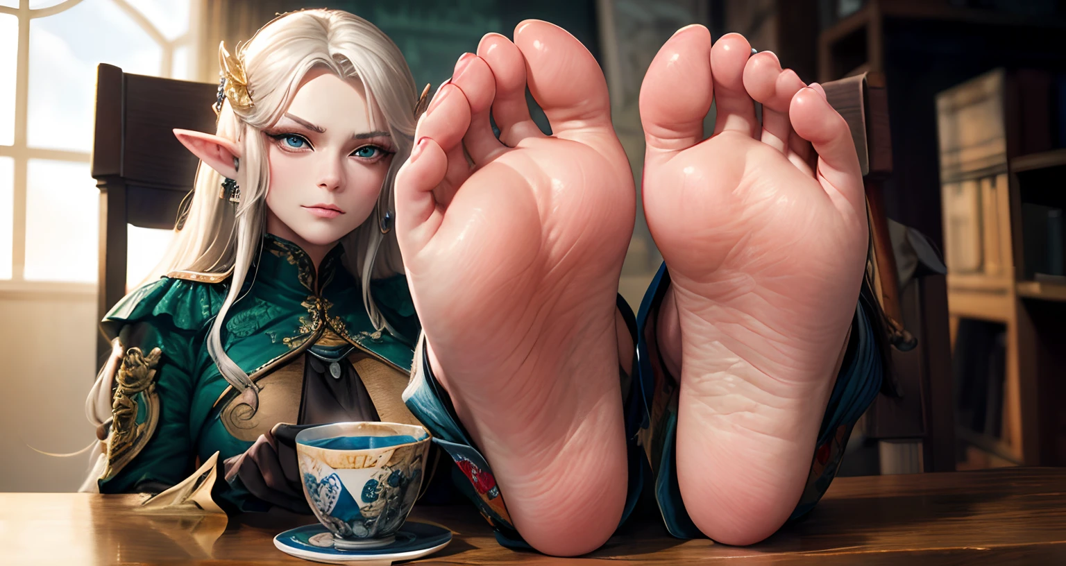 (Best quality,4K,A high resolution,Masterpiece:1.2),Ultra-detailed,professional,A high resolution,Studio lighting,Photorealistic,Portrait,illustration,aquarelle,Beautiful detailed eyes,Long eyelashes,beautiful detailed lips,Extremely detailed eyes and face,elvish ears, and ,Artistically,anime,A haughty expression,Narrowed eyes,Contemptuous,mocking smile,looking down at you,Close-up of feet facing the screen,Expose the soles of your feet,furrowed brows,Porcelain skin,disdain,Staring at the screen in disgust.Frowning, Beautiful feet,Tattooed with