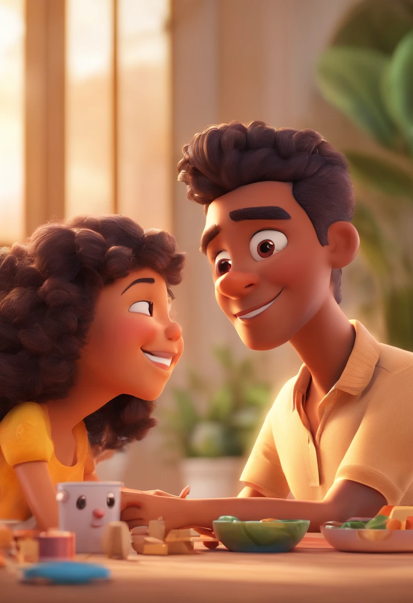An illustration of an adorable couple, destacando um homem e uma mulher com bonito, Expressive eyes – the man's skin is black and the man's hair is bald and black, while the woman's skin is black and the woman's hair is curly and brown. They are a bright room, cada um com um sorriso no rosto, e compartilhar um momento especial caracterizado pelo amor, arroz, e insights educacionais. Illustrate this scene from a perspective where they are facing away from the camera, Showing Your Connection. Desenvolva esta arte em Full HD, Focus on your cinematic touch, Estilo Disney Pixar Animations