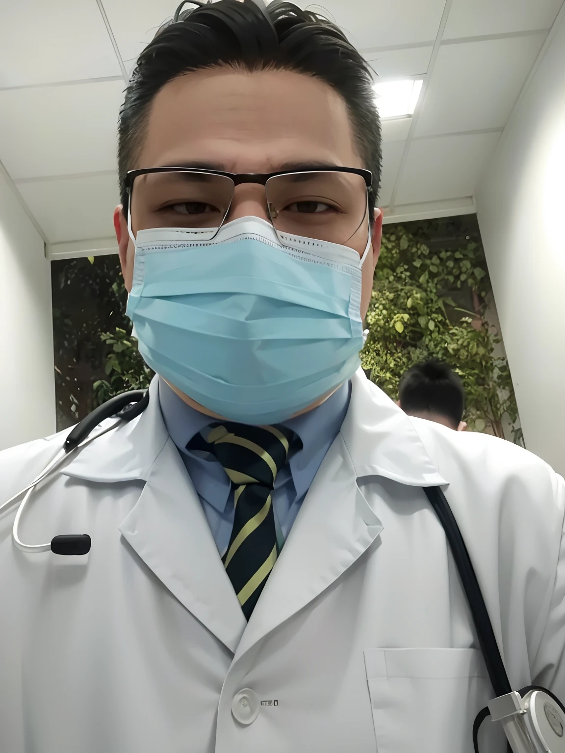 Doctor wearing mask and tie in the hallway of a hospital, medic, wearing lab coat and glasses, conspiracionista local, (medic), medic, masked doctors, usando jaleco, usando jaleco, vestindo jaleco, wearing a mask, foto do perfil, surgeon, com jaleco, Male physician, imagem de perfil, wearing a mask
