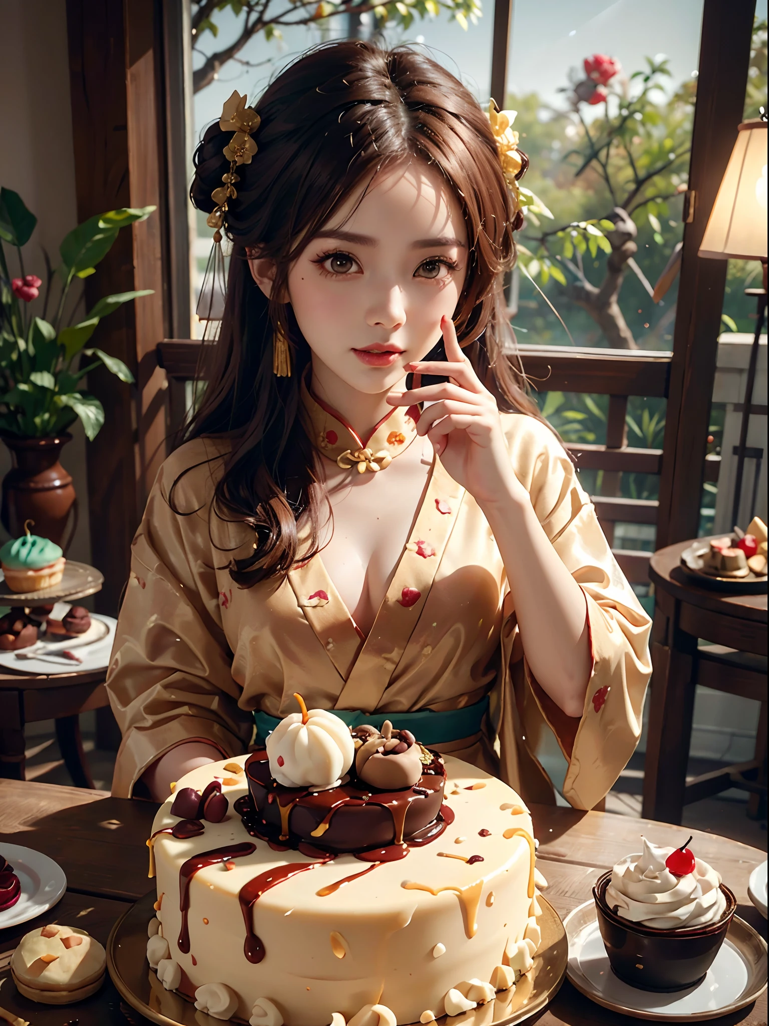(Fondant dolls),Cupcakes,A beautiful girl doll wearing a hanfu,(Chinese mythological themes)the fruits , Chocolate chips, Cupcakes, Caramel syrup, apples,warm colored light,Ray traching,Very detailed,Works of masters,cream,Very high pixels,8K,of a real,Realistic,Warm background,Laurel model