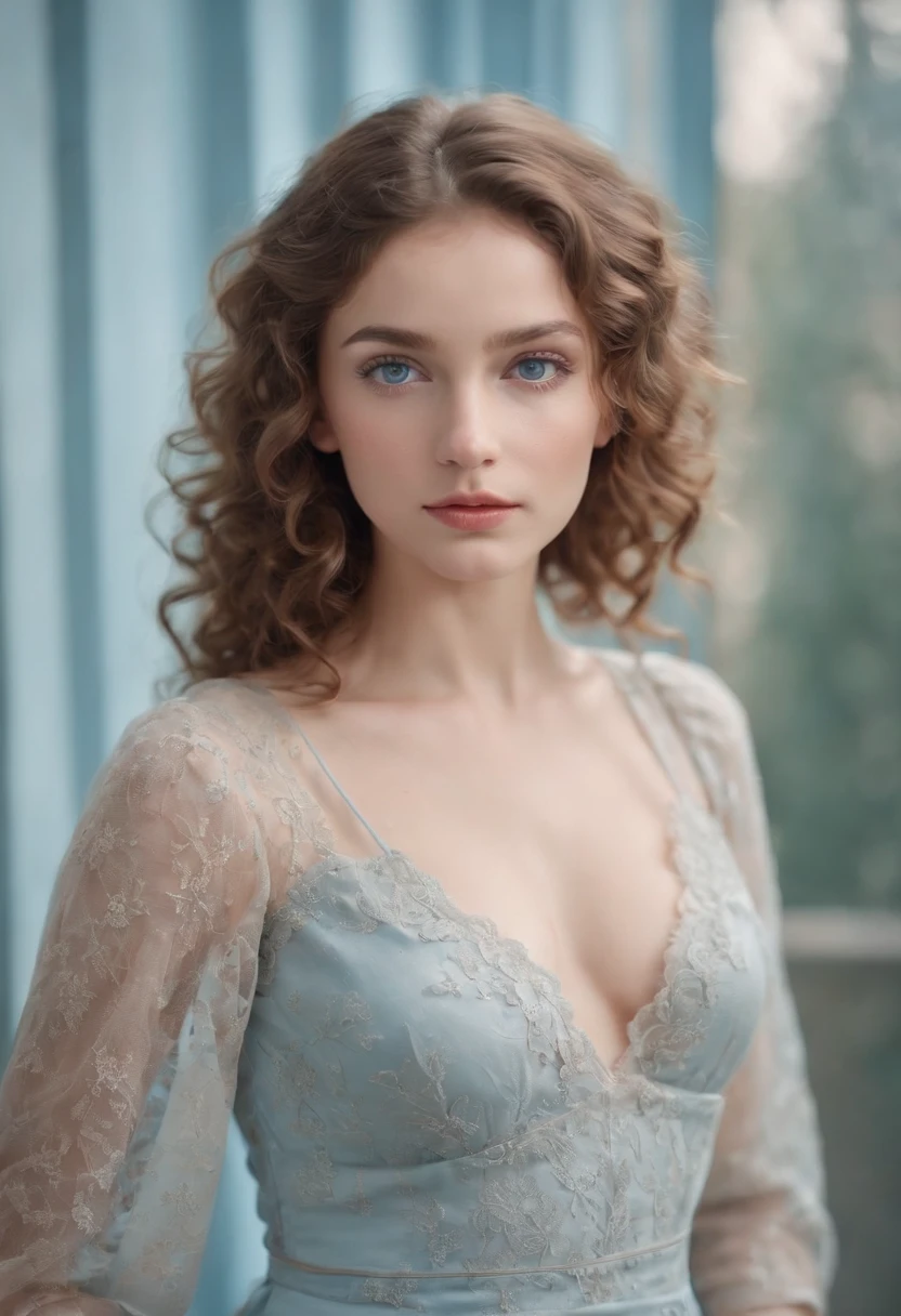 "Full body portrait of a charming girl with curly hair, petite figure, beautiful face, captivating blue eyes, and modest bust size, showcasing her natural beauty."
