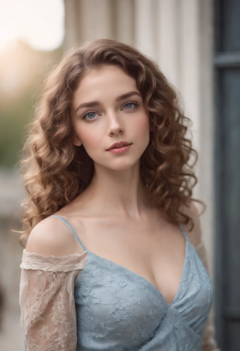 "Full body portrait of a charming girl with curly hair, petite figure, beautiful face, captivating blue eyes, and modest bust size, showcasing her natural beauty."