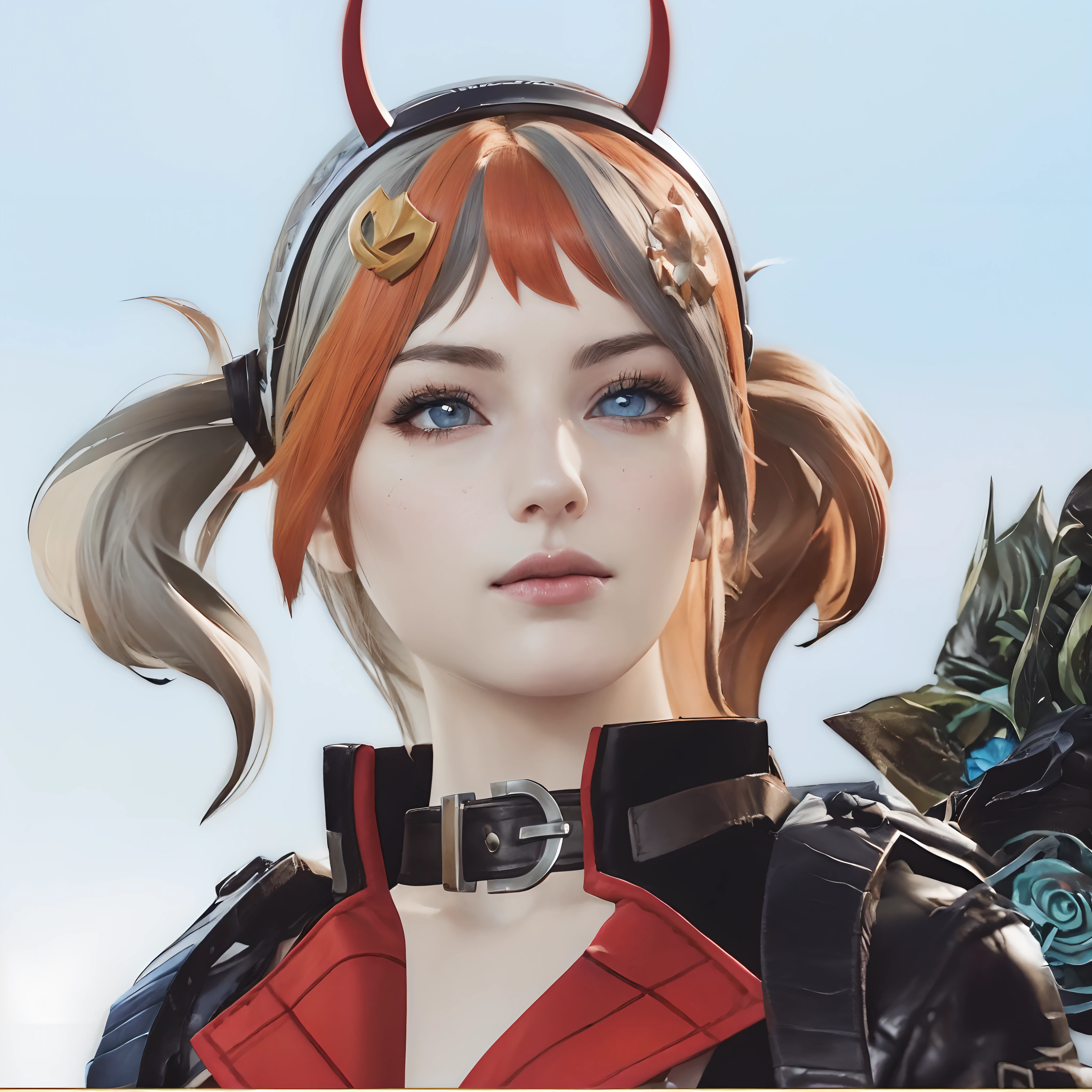high quality fingers, normal hands, detailed fingers,masterpiece, (realistic, photo-realistic:1.37), (22 years old woman), katarina from league of legends, medium breast, small waist, dark red hair, blue eyes, beautiful face, perfect illumination, beautiful detailed eyes,looking at viewer, stunningly beautiful woman, detailed hairstyle, detailed background,shorts, detailed fantasy background, (sweat:1)