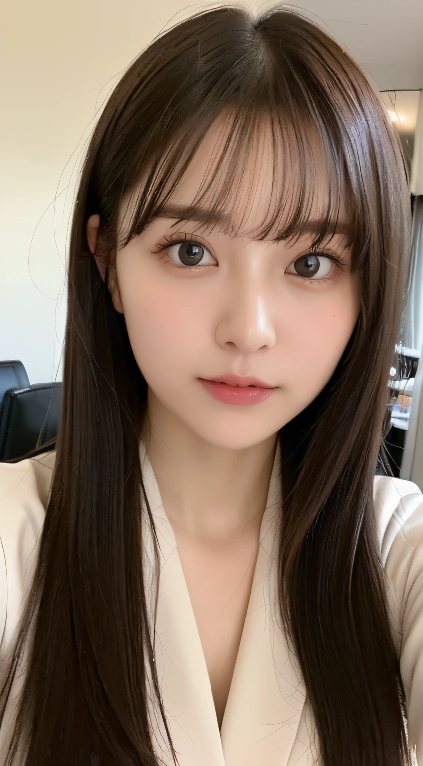 ((top-quality、8K、​masterpiece:1.5))、One girl、(Unhealthy face)、(Letter to)、Blunt bangs、(Lots of bangs:1.4)、(full body Esbian:1.4)、(Symmetrical face)、hyperdetailed face、Ultra detailed mouth、A detailed eye、Detailed ears、Slim Faces、(selfee:1.4)、(off shoulders)、(Armpit)、(Looking Up)、(From  above)、(Straight long hair、Ahoge:1.3)、(Upper Eyes)、the background is blurred、(Business suits:1.3)、lipgloss、(hotel)、(natural soft light:1.3)、