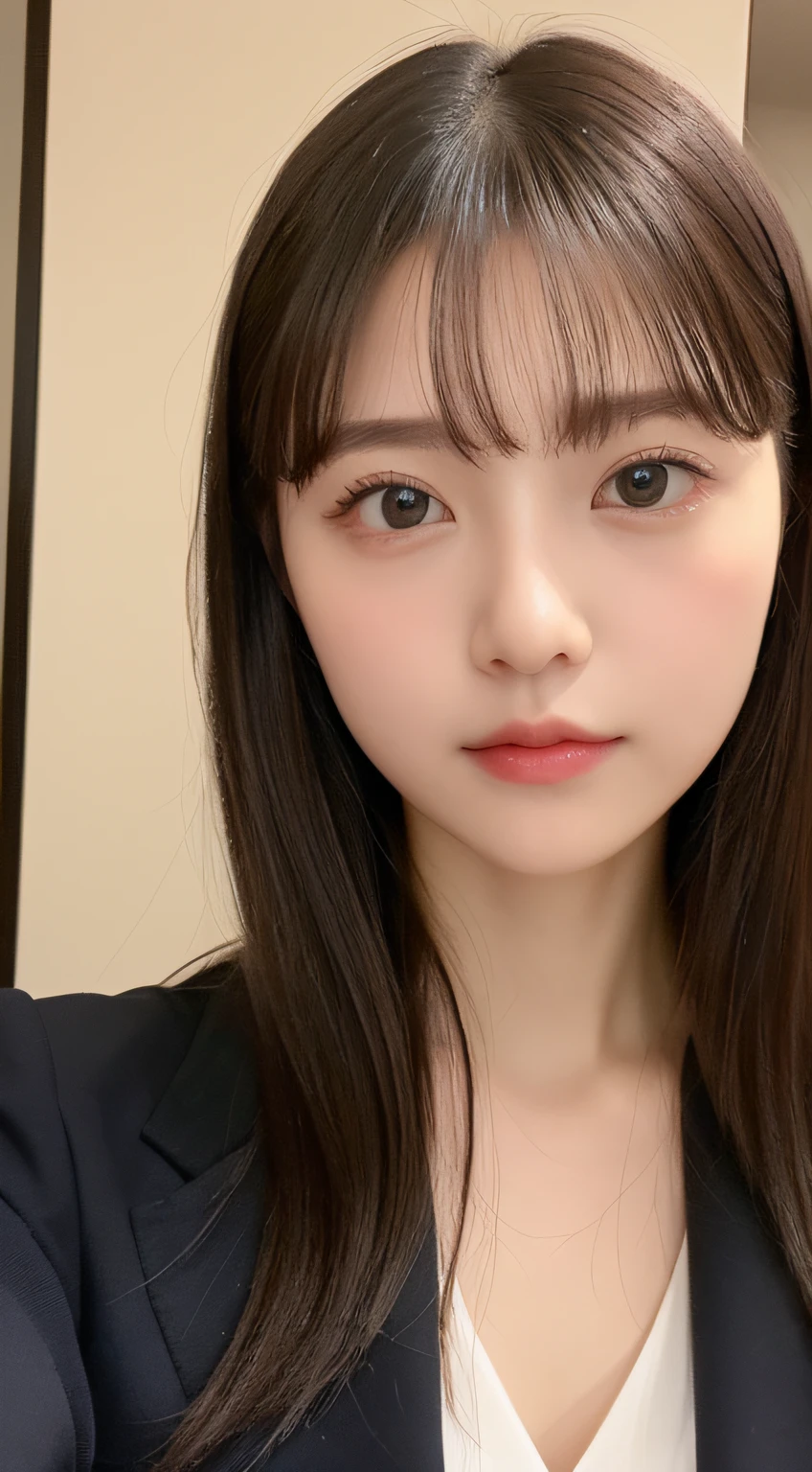 ((top-quality、8K、​masterpiece:1.5))、One girl、(Unhealthy face)、(Letter to)、Blunt bangs、(Lots of bangs:1.4)、(full body Esbian:1.4)、(Symmetrical face)、hyperdetailed face、Ultra detailed mouth、A detailed eye、Detailed ears、Slim Faces、(selfee:1.4)、(off shoulders)、(Armpit)、(Looking Up)、(From  above)、(Straight long hair、Ahoge:1.3)、(Upper Eyes)、the background is blurred、(formal suit:1.3)、lipgloss、(hotel)、(natural soft light:1.3)、