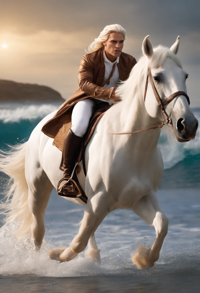 ((Super cartoon character:1.5)),(((A white cartoon horse galloping on the seashore))),He wears a big gold medal around his neck,Wears a spotted vest on the top,Denim shorts on the bottom,Long white hair that floated up,Naughty expression,HD Real,Black eyes,Flying figure,HD picture,Sony SLR lens,Shoot at medium distance,Soft lighting,tmasterpiece