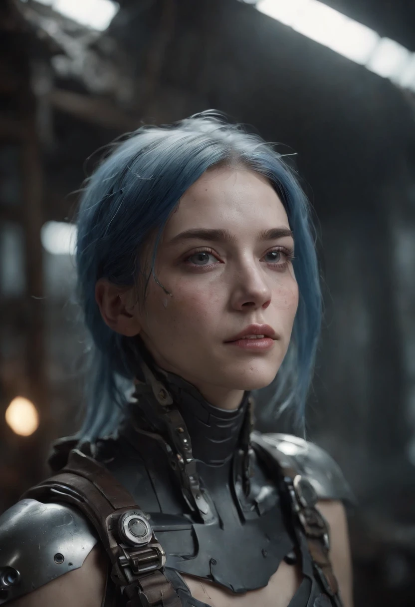 Dark gloomy full body 8K drive rendering, Female adolescent cyborg, blue hair, Wearing torn armor, In a cluttered shack, action shot, tattered torn shirt, Cracked porcelain skin, skin pore, detailed intricate iris, very dark lighting, heavy shadow, A meticulous face, ((vibration, photograph of-realistic, realisticlying, Dramatic, darkly, foco nítido, 8K)), ::Futuristic cyberpunk style, Realisticstyle, ::n_digital painting style, Deformed parts, deformed face, ((ugly face)), ((Deformed hands)),
