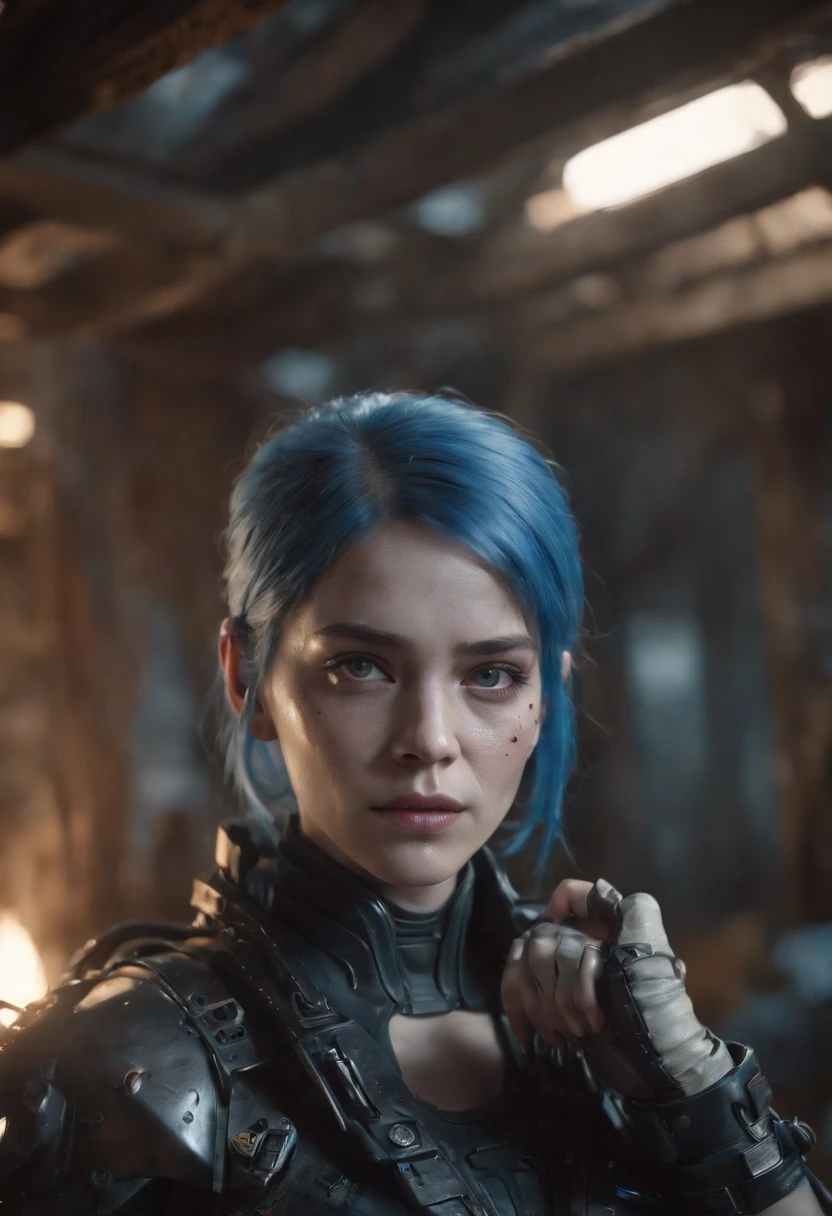 Dark gloomy full body 8K drive rendering, Female adolescent cyborg, blue hair, Wearing torn armor, In a cluttered shack, action shot, tattered torn shirt, Cracked porcelain skin, skin pore, detailed intricate iris, very dark lighting, heavy shadow, A meticulous face, ((vibration, photograph of-realistic, realisticlying, Dramatic, darkly, foco nítido, 8K)), ::Futuristic cyberpunk style, Realisticstyle, ::n_digital painting style, Deformed parts, deformed face, ((ugly face)), ((Deformed hands)),
