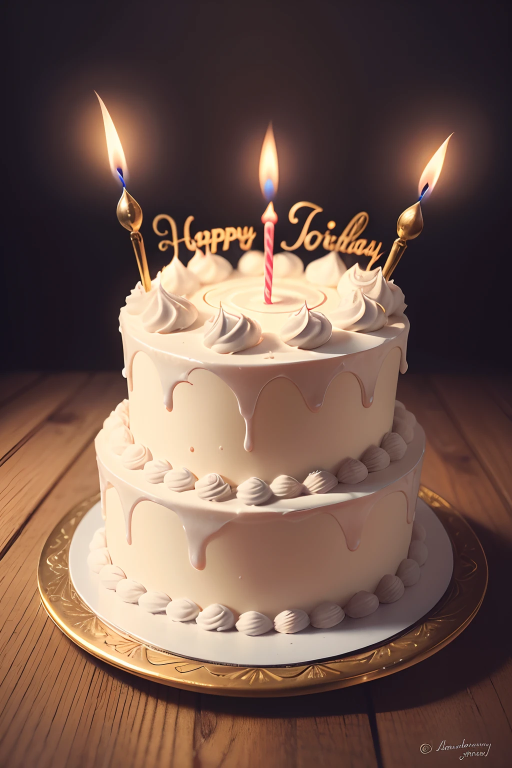 The birthday cake, creamy, Detailed, Best quality, Ultra-detailed, Realistic, Vivid colors, Studio lighting, Fine details, Frosting, waxy candles, spilled, celebrating, joy, blissful, Creamy texture, Smooth icing, intricatedesign, colorful adornments, high resolution, Intricate pipes, Delicious layers, Mouth-watering, appetizing, Tempting, Sweet aroma, Candles flicker, Festive atmosphere.