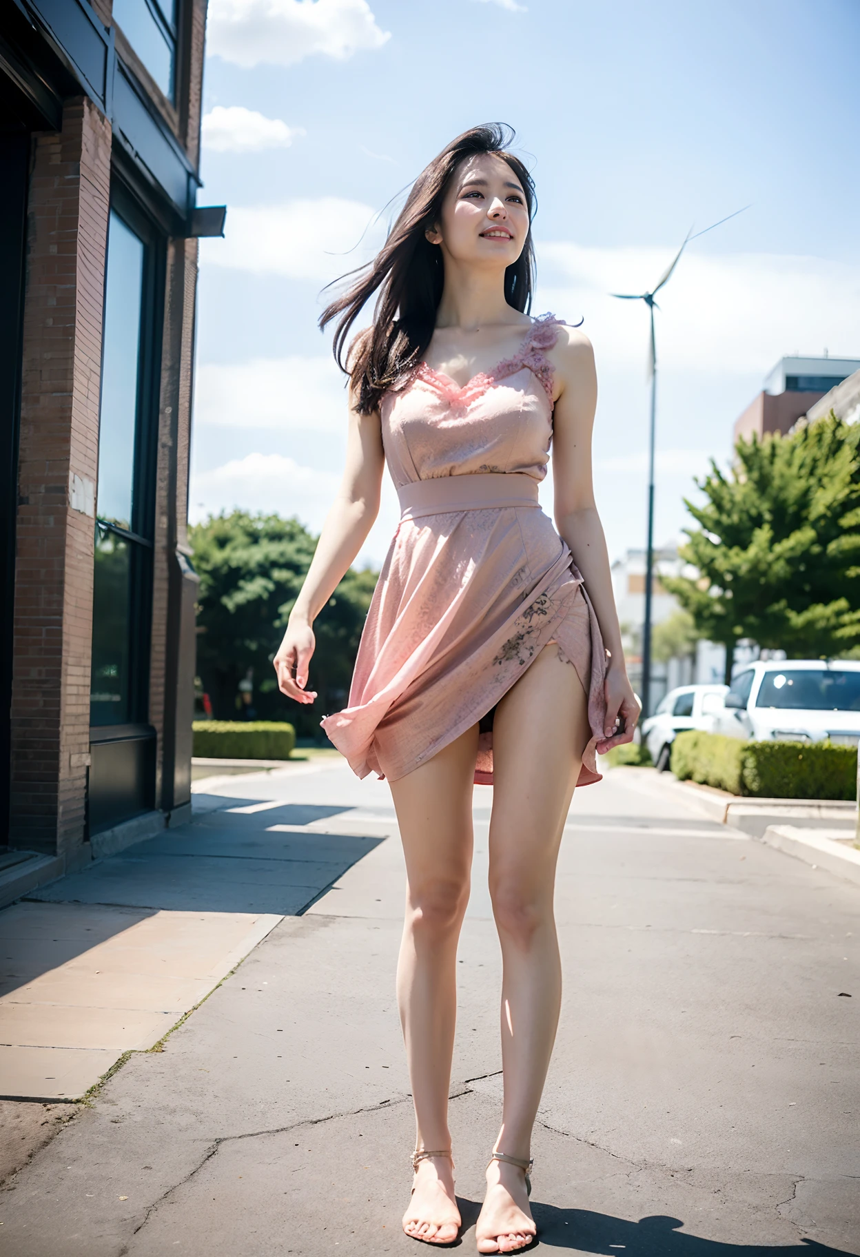 (Best quality, 8k, 32k, Masterpiece, UHD:1.2),Photo of Pretty Japanese woman,(sad smile,blush:1.1),looking at viewer,(beautiful detailed dress skirt:1.2),detailed legs,(spread legs:0.9),(lace panties:0.9),(wind lift:1.5), full body,windy,city,outdoors