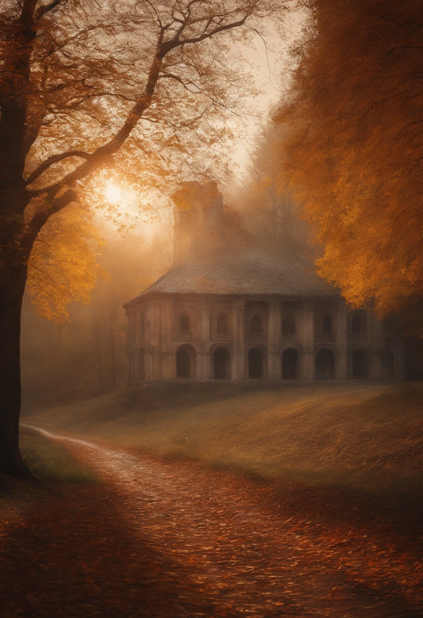 , Late autumn ruins, alta qualidade, altamente detalhado, illustration, massa, lona, oil painting, fantasia,