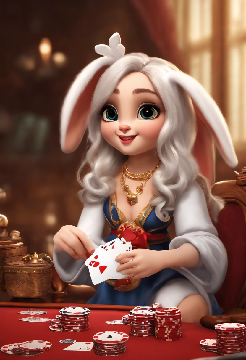 (((Cartoon Character 1.3))),(((Four cute bunnies playing poker:1.4))),He wears a big gold medal around his neck,The rabbit wears a speckled vest,Denim shorts on the bottom,Long white hair that floated up,Naughty expression,HD Real,Black eyes,Flying figure,HD picture,Sony SLR lens,Shoot at medium distance,Soft lighting,tmasterpiece