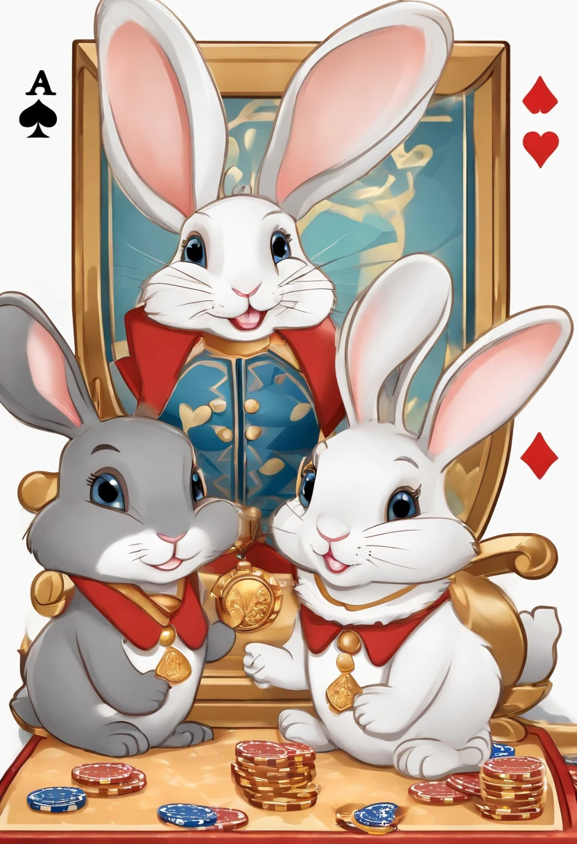 (((Cartoon Character 1.3)))，(((Four cute bunnies playing poker：1.4)))，He wears a big gold medal around his neck，The rabbit wears a speckled vest，Denim shorts on the bottom，Long white hair that floated up，Naughty expression，HD Real，Black eyes，Flying figure，HD picture，Sony SLR lens，Shoot at medium distance，Soft lighting，tmasterpiece