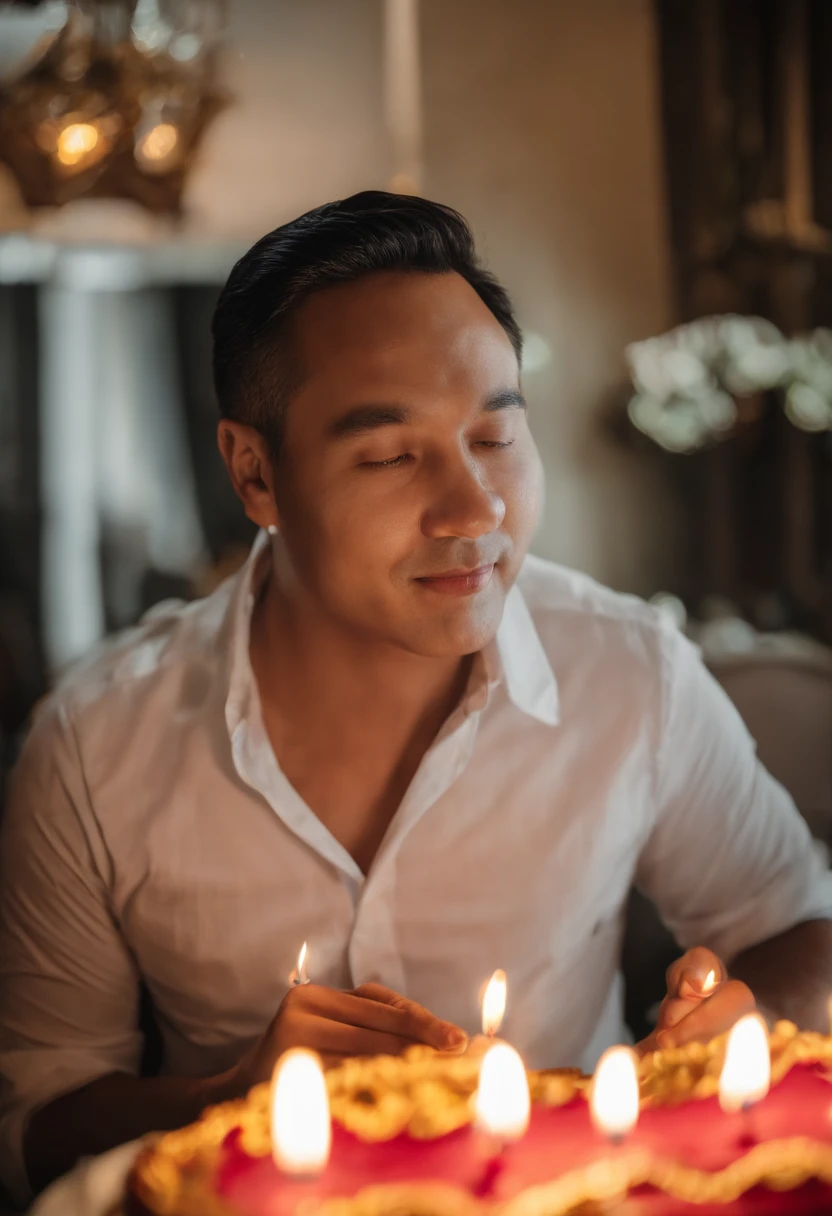The Alafi blew out the candles on the cake,There is a candle inside, a picture inspired by Reuben Tam, Tumblr, hyper photorealism, He is! about 3 0 years old, Holding a birthday cake, he is about 4 0 years old, he is about 40 years old, celebrating a birthday, he is 3