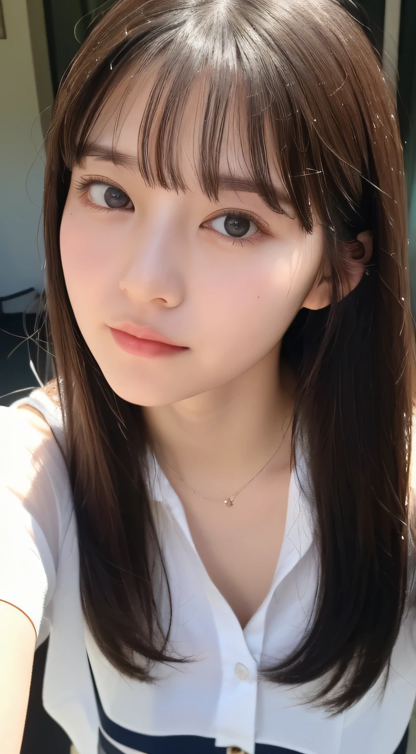 ((top-quality、8K、masterpiece:1.5))、One girl、(Unhealthy face)、(Letter to)、Blunt bangs、(Lots of bangs:1.4)、(full body Esbian:1.4)、(Symmetrical face)、hyperdetailed face、Ultra detailed mouth、A detailed eye、Detailed ears、Slim Faces、(selfee:1.4)、(off shoulders)、(Armpit)、(Looking Up)、(From above)、(Straight long hair、Ahoge:1.3)、(Upper Eyes)、the background is blurred、(Changing clothes:1.4)、(Pure White Light Shirt:1.3)、(I see underwear:1.3)、lipgloss、(shores)、(natural soft light:1.3)、