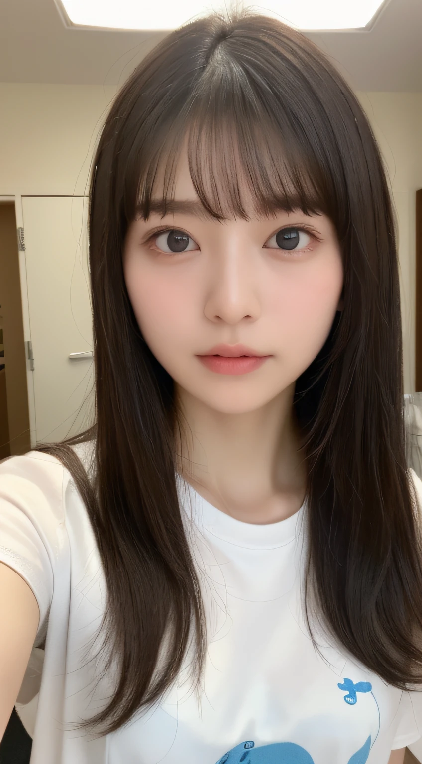 ((top-quality、8K、masterpiece:1.5))、One girl、(Unhealthy face)、(Letter to)、Blunt bangs、(Lots of bangs:1.4)、(full body Esbian:1.4)、(Symmetrical face)、hyperdetailed face、Ultra detailed mouth、A detailed eye、Detailed ears、Slim Faces、(selfee:1.4)、(off shoulders)、(Armpit)、(Looking Up)、(From above)、(Straight long hair、Ahoge:1.3)、(Upper Eyes)、the background is blurred、(Changing clothes:1.4)、(Pure White Light Shirt:1.3)、(I see underwear:1.3)、lipgloss、(shores)、(natural soft light:1.3)、