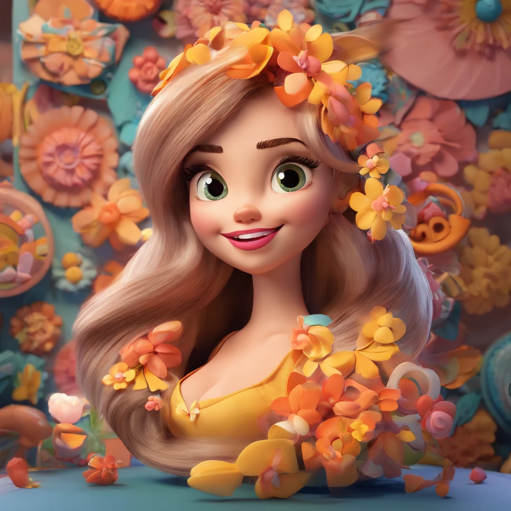 create a 3D movie poster inspired by Disney Pixar, The scene should be in Pixar's signature digital art style, com uma imagem caricatural de uma mulher de pele branca, com cabelo preto encaracolado, sorrindo enquando mostra o trabalho ama fazer. She is an artisan and makes candy molds in the shape of flowers.