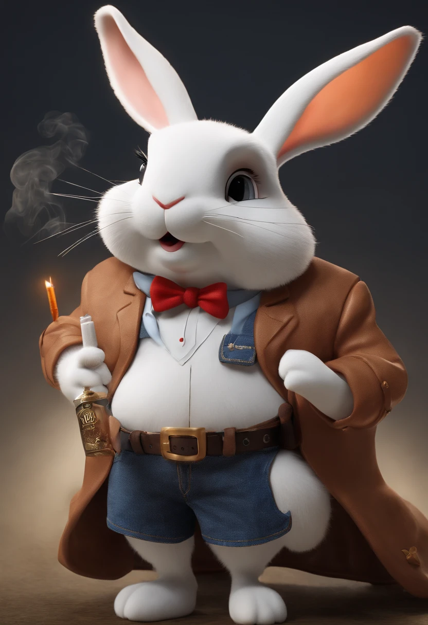 (((Cartoon Character 1.3)))，(((A cute rabbit smoking a cigarette：1.4)))，He wears a big gold medal around his neck，The rabbit wears a speckled vest，Denim shorts on the bottom，Long white hair that floated up，Naughty expression，HD Real，Black eyes，Flying figure，HD picture，Sony SLR lens，Shoot at medium distance，Soft lighting，tmasterpiece