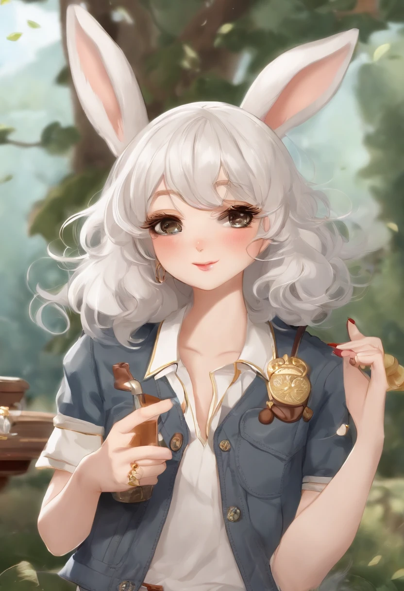 (((Cartoon Character 1.3))),(((A cute rabbit smoking a cigarette:1.4))),He wears a big gold medal around his neck,The rabbit wears a speckled vest,Denim shorts on the bottom,Long white hair that floated up,Naughty expression,HD Real,Black eyes,Flying figure,HD picture,Sony SLR lens,Shoot at medium distance,Soft lighting,tmasterpiece