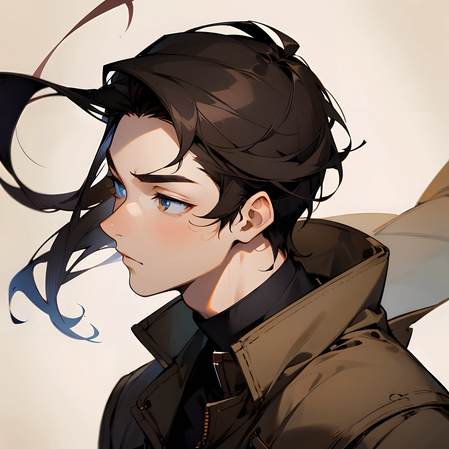 profile picture male character  , solid background color , detailed high quality , portrait , facing front pose , Hazel Eye color , brownish black hair , high school student.