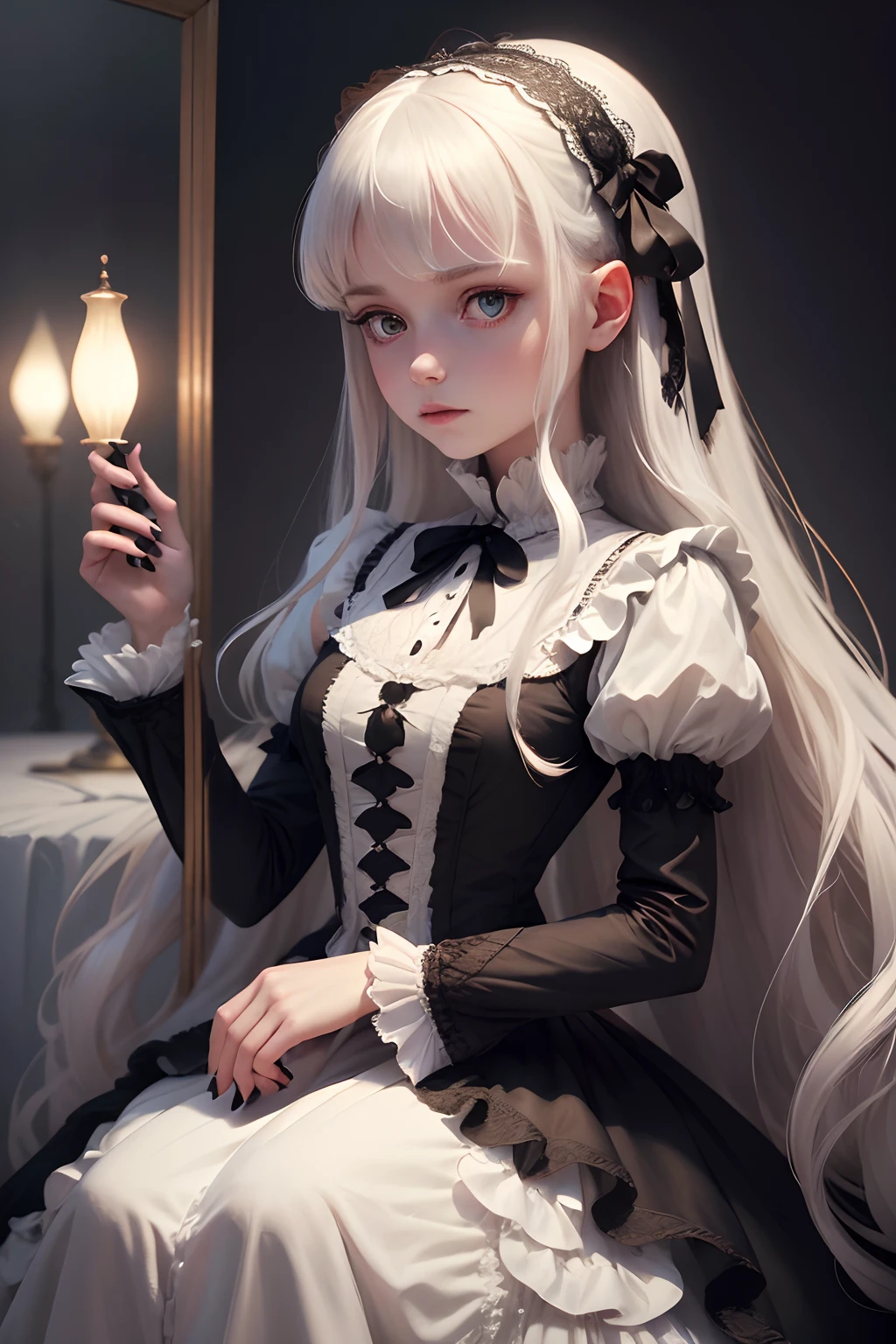 (best quality, highres, ultra-detailed), small woman, lacey Victorian dress, bandages on arms and hands, black nails, long flowing white hair with ribbon, eyes that look like mirrors, dainty, pale, ethereal, delicate, soft lighting, vintage aesthetic, misty background