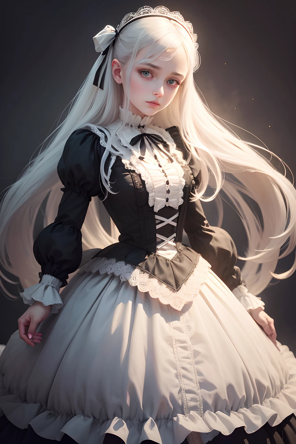 masterpiece, exquisite, illustration, {beautiful and meticulous girl}, beautiful and detailed halo, (fire of war: 1.2), (nuclear explosion behind: 1.3), rain, detailed lighting, detail water, (beautiful and detailed eyes: 1.1), expressionless, palace, sky blue hair, scattered hair, long bangs, eyebrows, (white-gray dress: 1.1), black ribbon, white bow tie, upper abdomen, big forehead, dull, flower, long sleeves