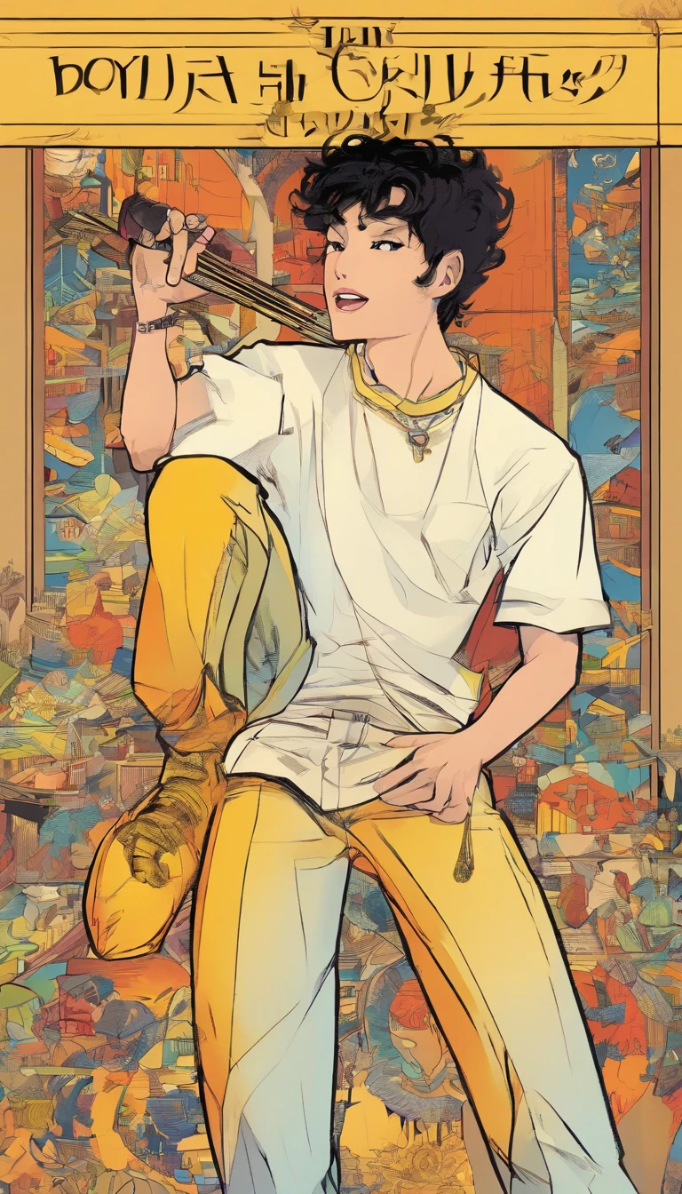 (best quality,ultra-detailed),black silk stockings,beautiful detail on the facial features of the boy, singing with a soulful expression, vibrant voice resonating, yellow shirt, capturing every emotion and note, artistic lighting, realistic portrait style, warm color palette