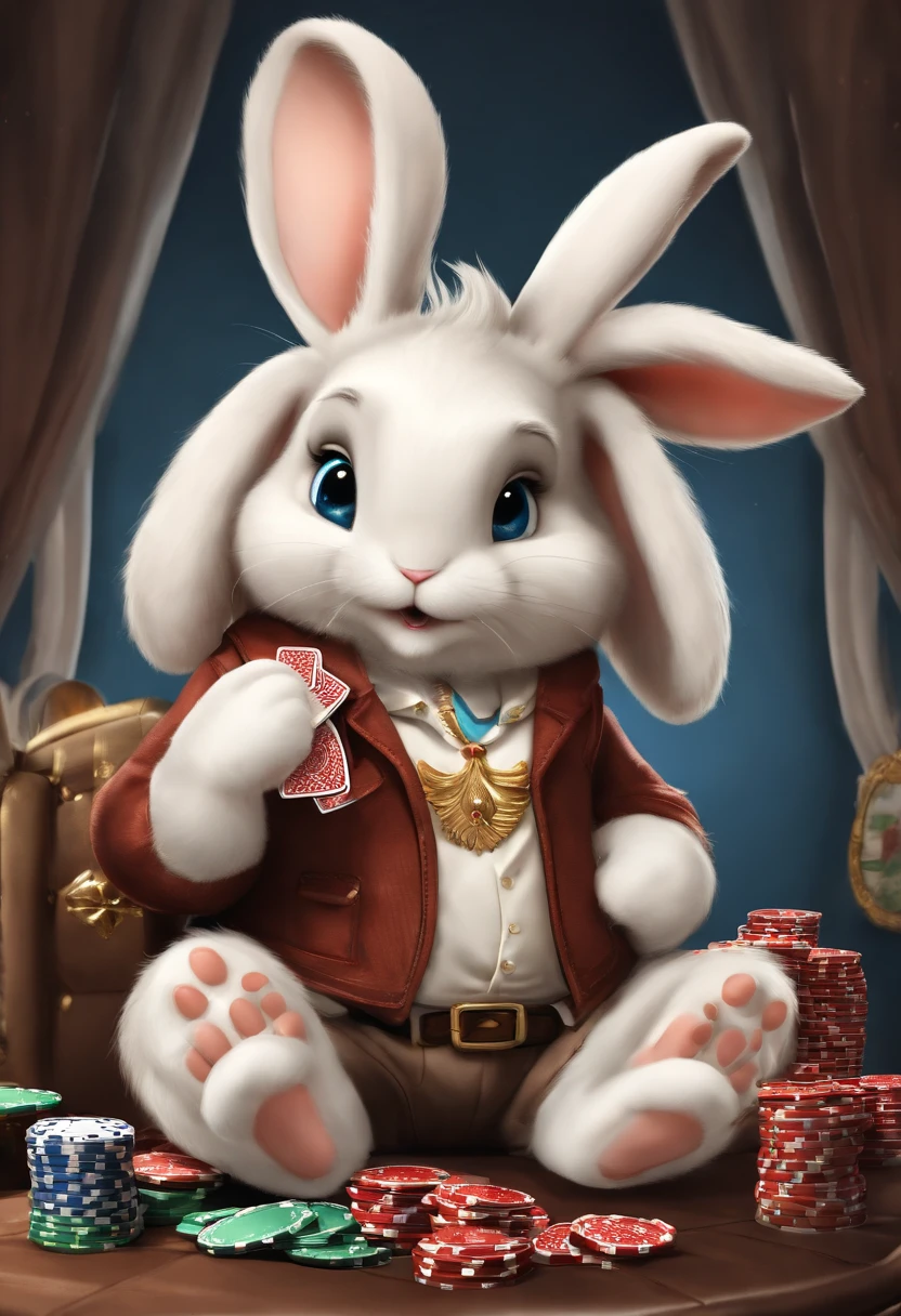 (((Cartoon Character 1.3)))，(((Playing poker)))，(((Four cute bunnies：1.4)))，He wears a big gold medal around his neck，The rabbit wears a speckled vest，Denim shorts on the bottom，Long white hair that floated up，Naughty expression，HD Real，Black eyes，Flying figure，HD picture，Sony SLR lens，Shoot at medium distance，Soft lighting，tmasterpiece