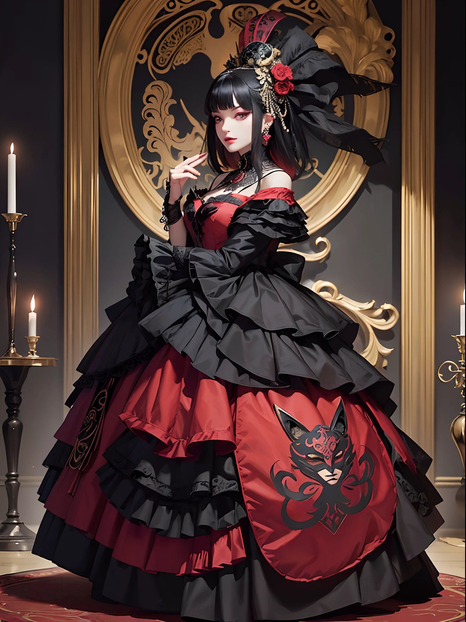 Black cat motif、Black and red tones、Vibrant colors、((​masterpiece)))、(((top-quality)))、((ultra-detailliert))、(A hyper-realistic)、(highly detailed CGillustration）、Official art、Monte Carlo at the beginning of the 20th century、Decadent、Madame Cha Noir、Masquerade、Elegance、Masks that cover most of the face、Colorful and detailed mask design、matchless beauty、Fans、gorgeous dress、jewely、Perfect Angle、rightward、perfect-composition、full body Esbian